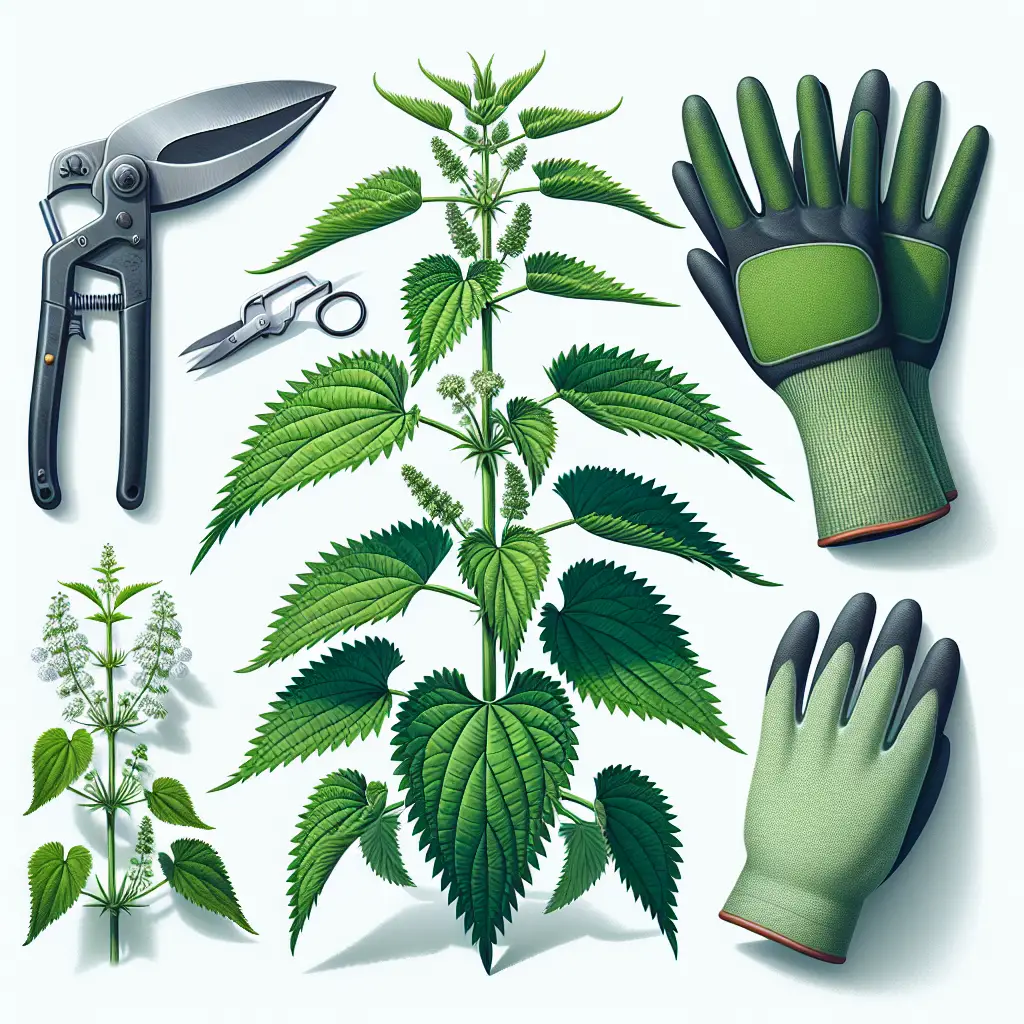 An image showcasing the distinct visual characteristics of nettles. The focal point of the image is a lush green nettle plant, with its signature heart-shaped leaves and small clusters of white flowers. Also included are visual cues for safely removing nettles, such as a pair of thick garden gloves and garden shears placed next to the plant. There are no logos, brand names, text or people in the image, just the pure depiction of nature and the tool typically used to remove nettles.