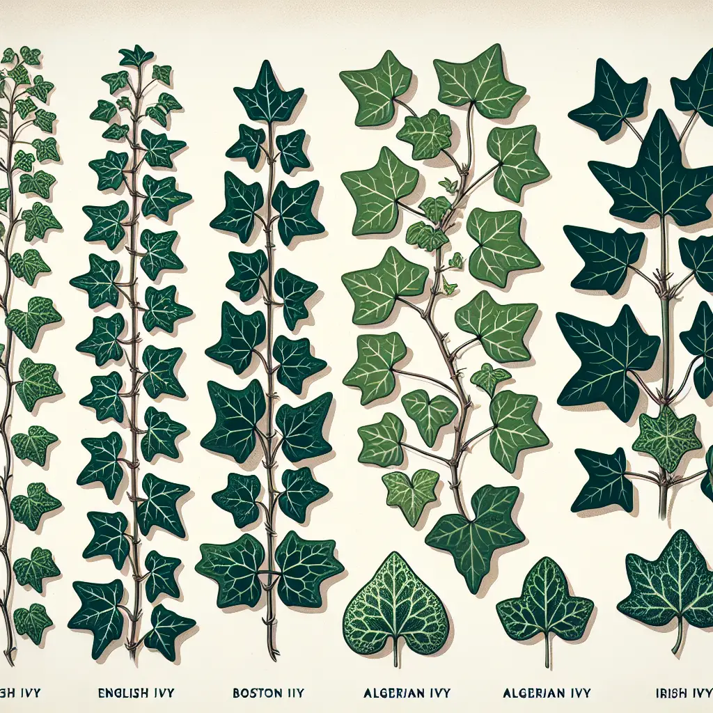 An educational botanical illustration depicting various types of ivy commonly found in yards. The image presents a neat arrangement of ivy branches with distinct leaf shapes and patterns, representing each type. English ivy, Boston ivy, Algerian ivy, and Irish ivy are shown from a top view in separated sections. Each ivy portion exhibits a different leaf shape and pattern, typical of its species. There are no people, brands, logos, or any form of text present in the image.