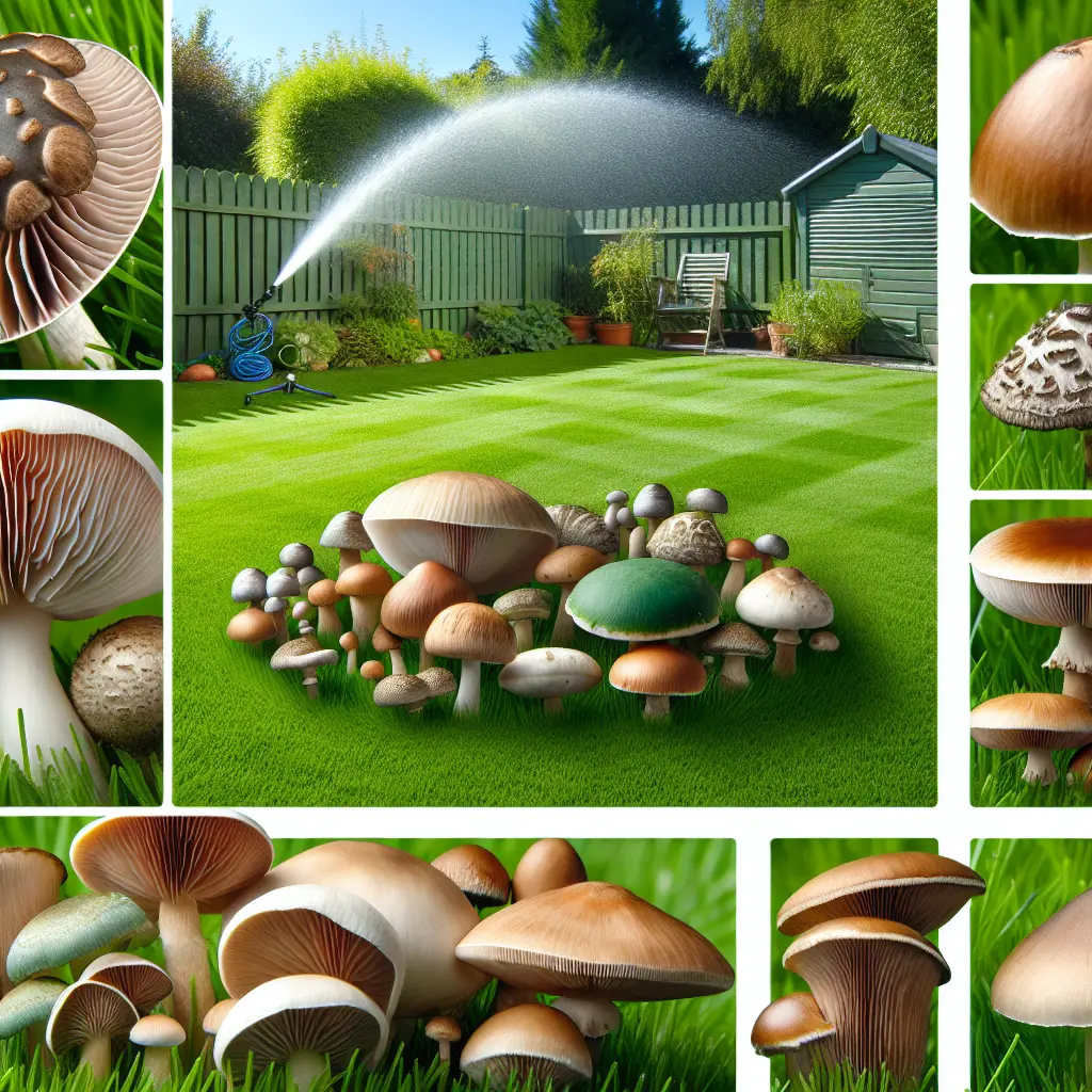 An outdoor scene showcasing a typical green, groomed, suburban lawn. Various types of common mushrooms are scattered across the lush grass, with each mushroom different in its shape and color, conveying the variety of mushrooms that can be found in lawns. Close-ups of the most common mushrooms are displayed with intricate details such as gills, stem, and cap visible. In the background, there's a picket fence enclosing the garden, with a sprinkler and a small metallic shed accessorizing the scene. Ensure the image presents no human presence, text, or brand logos.