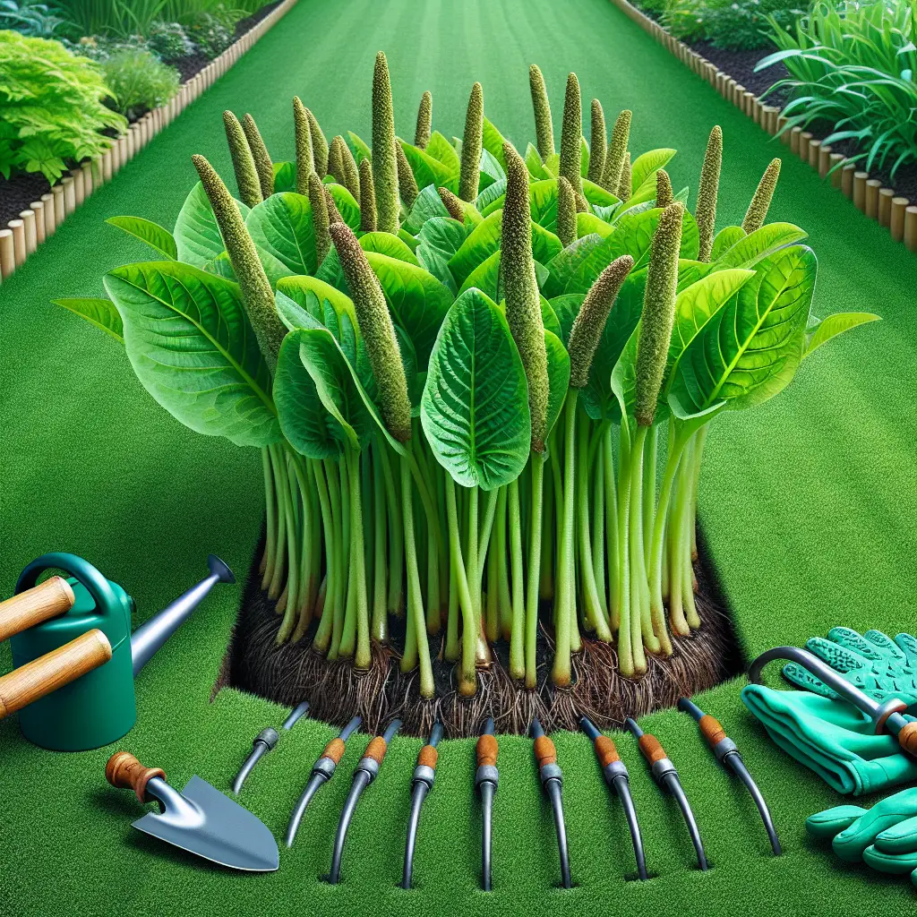 A close-up view of several plantain weeds emerging through a neat and well-manicured green lawn. The weeds are accurately identifiable with their long, protruding leaves, distinct seed spikes and broad-oval shape. Carefully placed gardening tools are scattered around the lawn - a manual weeder, a pair of gloves, and a water can. The background shows more of the lawn which looks lush and thrives, setting a stark contrast against the invasive plantain weeds. The overall tone of the image is vibrant and informative, yet maintains a serene garden atmosphere.