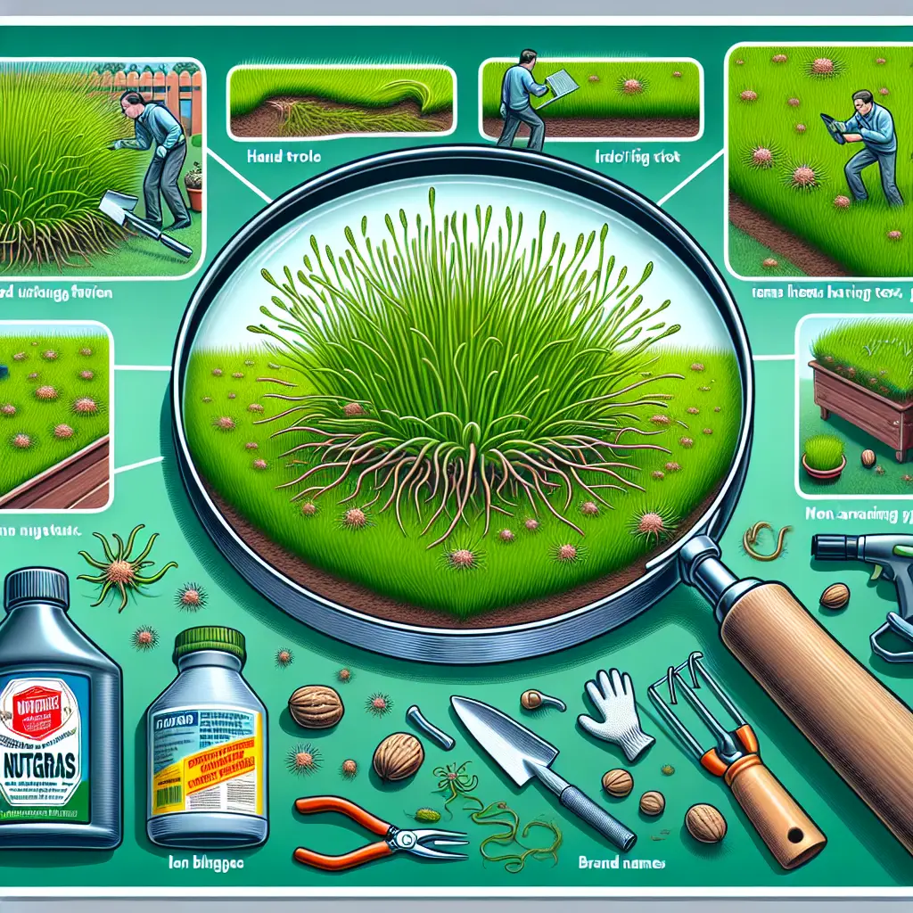 A detailed presentation that illustrates the process of identifying and controlling Nutgrass in a lawn without any text, items having text, or brand names. Picture a perspective of a thriving green lawn randomly infiltrated by the spiky, tentacle-like sprouts of Nutgrass. Hovering above this scene, a magnifying glass emphasizes the distinct characteristics of Nutgrass compared to the rest of the grass. In the next scene, gardening tools lie nearby: a hand trowel, gloves, and a non-branded bottle of herbicide. These indicate attempts to control the weed's spread. There are no human figures in this depiction.