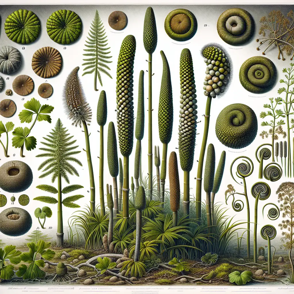 A detailed look at the Garden Horsetail plant, a species with a long history stretching back to prehistoric times. The scene showcases the plant in its natural habitat, displaying its characteristic features, such as jointed, bamboo-like stems, and whorl-patterned branches. In the foreground, several samples of the plant in various stages of growth, from sprouting to a mature form. Visible manifestations of the plant's invasive nature are shown, by demonstrating a large horsetail colony covering a broad space. The image encapsulates both the invasive and the resilient nature of this ancient plant species.