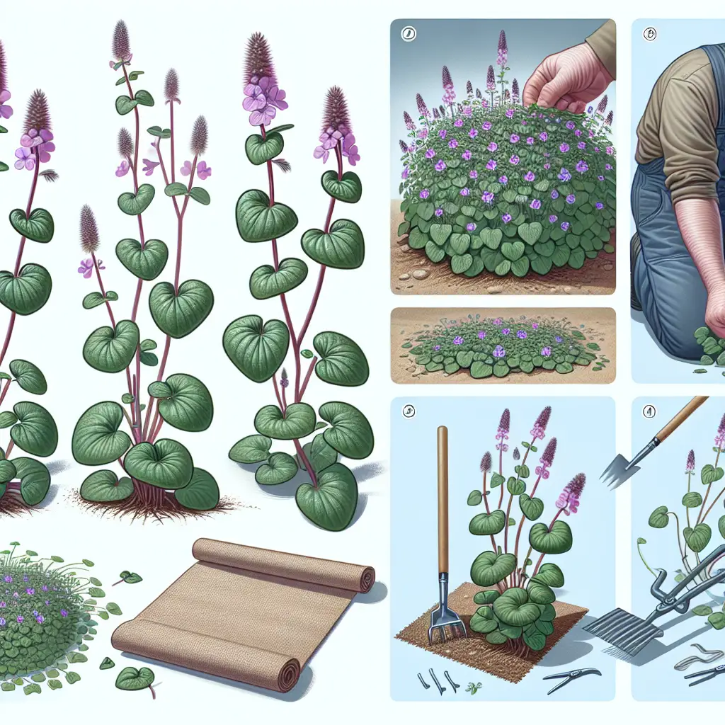 An illustrative scene showing the pervasive creeping Charlie plant. The focus should be on accurately representing the distinct rounded leaves and small, lavender-hued flowers of the plant. Show varying stages of growth, from a single set of leaves to full-blown infestation covering a large ground area. In another part of the image, depict removal tactics like hand-pulling, smothering with a landscaping cloth, and using a garden tool for mechanical removal. Make sure not to depict people or any text, brand names or logos within the scenes.