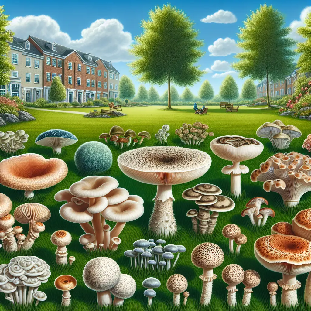 An educational image depicting different types of common garden fungi in a lawn. In the foreground, showcase prevalent types such as puffballs, honey fungus, and fairy ring champignon with distinct characteristics. In the background, feature a lush, green lawn under a clear blue sky to contrast with the fungi. Use close-ups and detailed renderings to showcase their textures and unique features, offering a clear view of structures like caps, stems, and gills. The image should remain free of human presence, text, and brand names, focusing solely on the variety and detail of garden and lawn fungi.