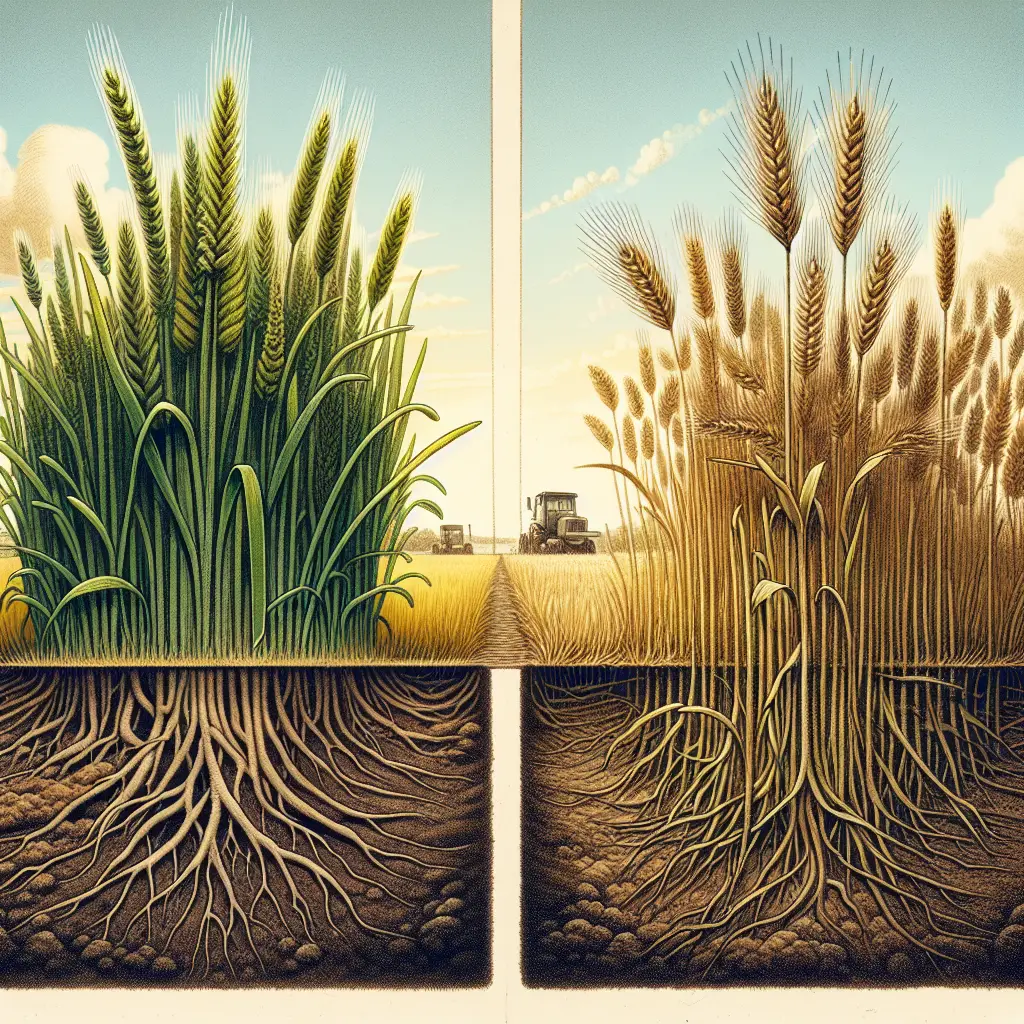 An illustrative comparison between two varieties of ryegrass, the perennial and the annual. Depict both types of ryegrass side by side in an agricultural field under a clear sky. The left side should showcase the perennial ryegrass with its longer lifecycle, deeper roots, and wider blades. On the right, present the annual ryegrass with its characteristic rapid growth and thinner blades. Both should be in the flowering stage, with distinct seed heads. No human figures, brand names, logos or any form of text should be visible in the scene.