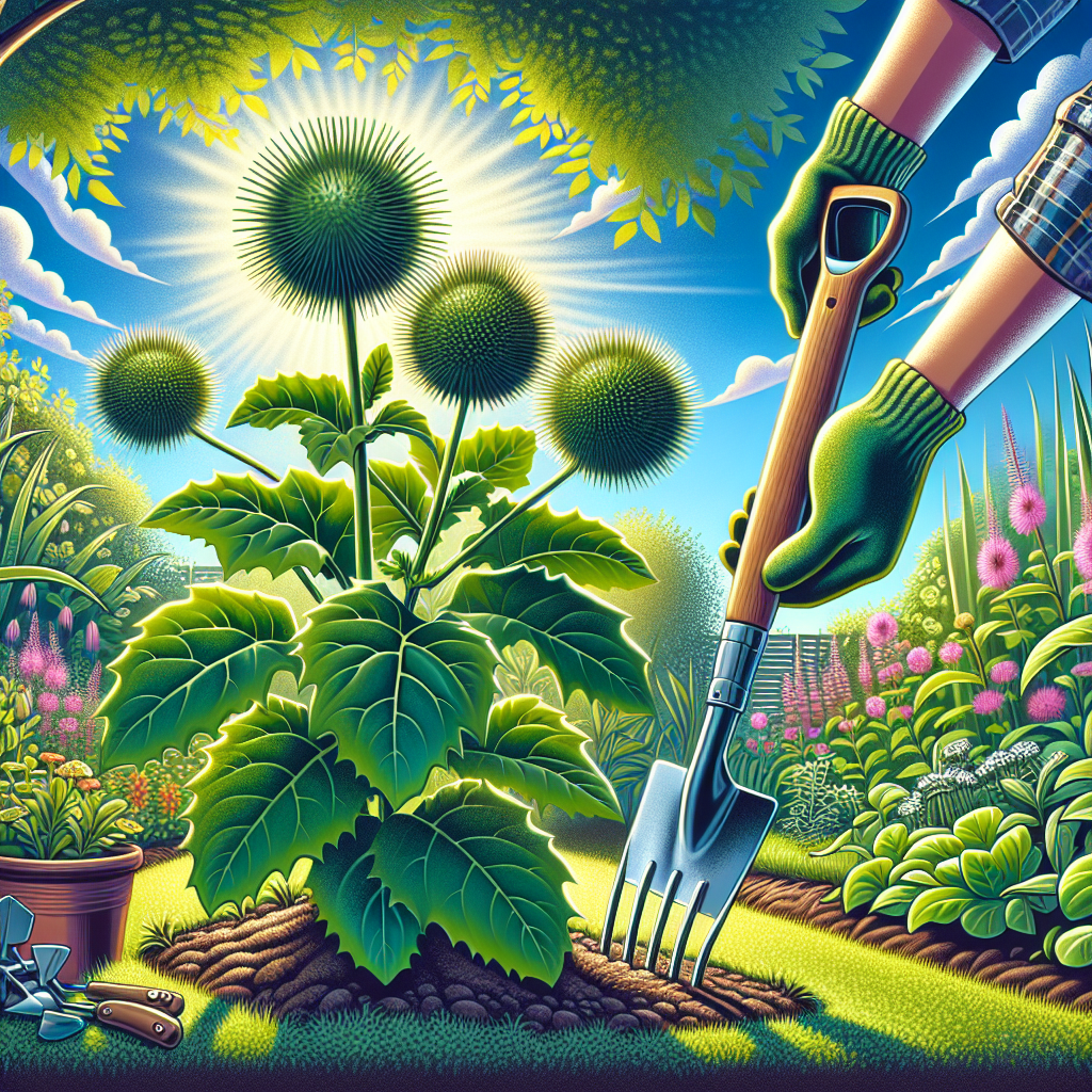 A vibrant, illustrative image showing a well-maintained garden under a bright sunny sky. In one corner of the garden, a patch of burdock plants is noticeably distinct with its large, coarse green leaves and burr clusters. A pair of gloved hands holds gardening tools such as a small spade and a weed puller, hovering above the burdock plants, indicating the process of removal. In the background, other healthy, non-weedy plants flourish, symbolizing an ideal, burdock-free garden. No people, text, brands, or logos are incorporated within the scene.