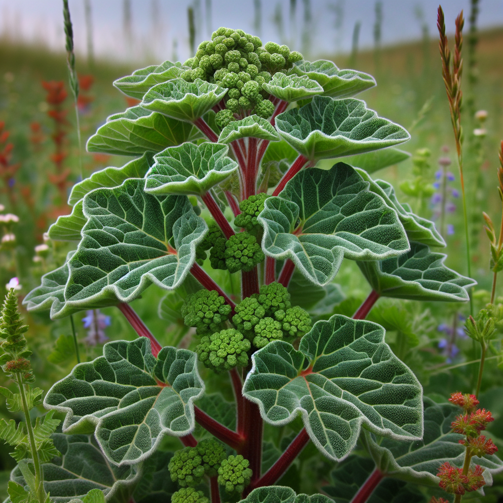 A detailed closer look at the Lamb's Quarters plant growing abundantly in a wild field. The leaves of the plant have a diamond shape with a waxy, dusty-looking coating. Its stems are reddish with vertical stripes. Green, tiny, densely packed clusters of flowers are visible at the top. This plant is surrounded by a diversity of wildflowers and grasses in a meadow during daytime, under a partly cloudy sky.