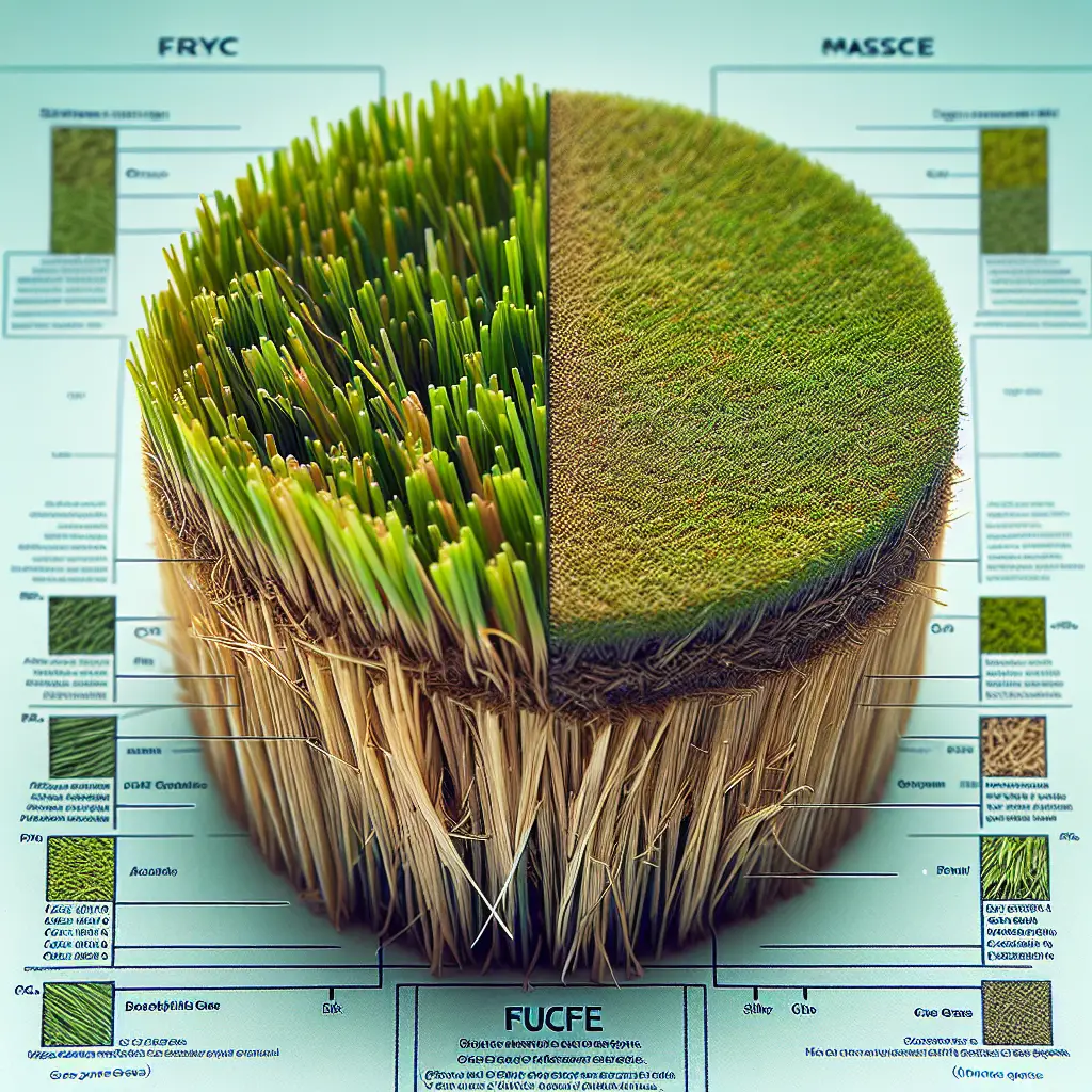 An up-close educational view showing the contrast between two grass types, Fescue grass and another non-specific type of grass. The two grass types are side by side for easy differentiation. The first batch of grass is Fescue, known for its deep green color, fine texture, and signature needle-like shape. The second batch displays characteristics of a non-specific variety of grass, differentiating with its own unique features. The image provides a clear visual distinction without the inclusion of any people, brand names, or logos. The grasses exist in isolation, highlighting their characteristics.