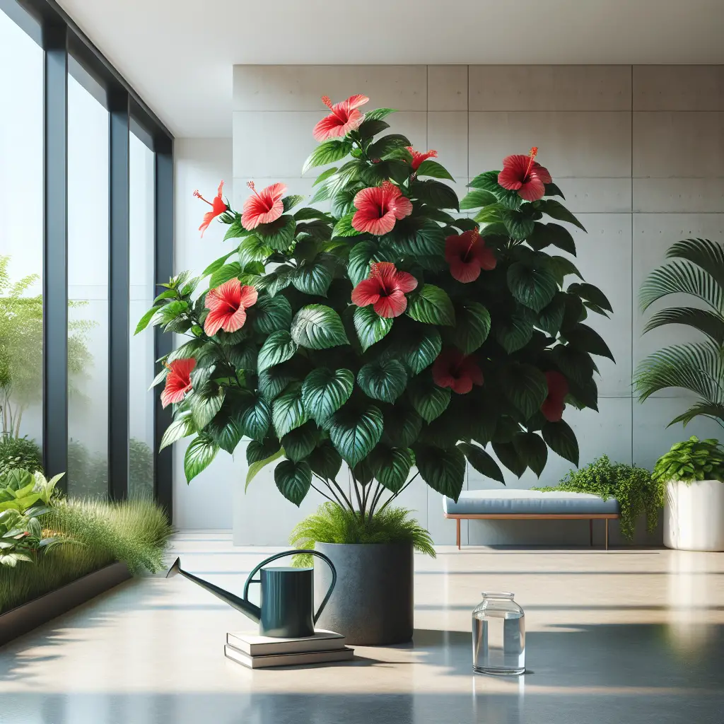 A serene indoor space featuring a lush, blooming hibiscus plant. The plant is vibrant, with rich, green leaves and radiant, red flowers, turning it into a centerpiece within the space. The décor of the room emphasizes tranquility and plant care. There's a glass watering can next to the hibiscus, and a bright window nearby providing natural light. The room is devoid of people, branding, text, or logos, focusing entirely on the tranquil environment and the thriving hibiscus.