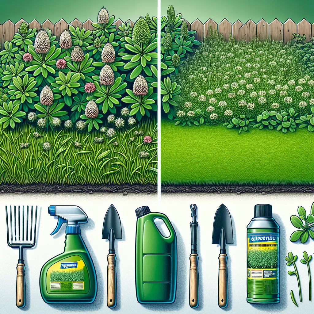 An illustration showing a healthy lawn invaded by spurge, characterized by its broad, green leaves and sparse, white flowers. To the side, visually separate, is a contrasting image of the same lawn after treatment, looking lush and uninterrupted by any weeds. In between the two scenes, a selection of generic, unbranded gardening tools are shown: a weeding tool, a watering can, and a bottle of generic, unbranded herbicide. No people, text, or brand names are included in this image.