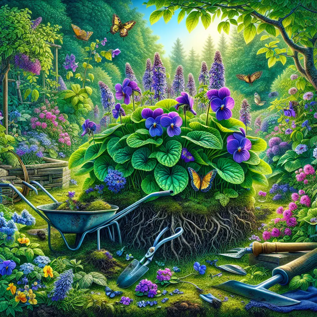 A vibrant, highly detailed image of a garden scenario focusing on wild violet plants. The garden is lush and green, with a variety of other plants, flowers, butterflies, and insects cohabiting harmoniously. Dominating the main scene are clusters of wild violet flowers, showing their purple-blue flowers and heart-shaped, dark green leaves. The image also has garden tools, such as a spade, a hoe, a hand-held pruner, scattered around, hinting at the gardener's activity. There's a wheelbarrow nearby, filled with uprooted violet plants, suggesting the ongoing management of the plant. There's no text, brand names, logos, or people in the picture.