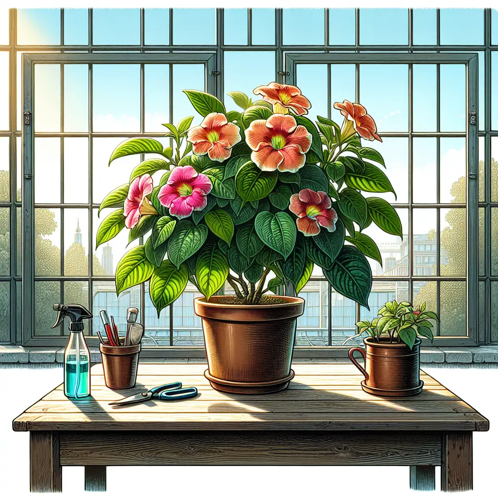 An indoor environment with large, glazed windows letting in ample sunlight. In the foreground, a radiant gloxinia plant with lush green leaves and vibrant flowers in varying stages of bloom. The plant resides in a simple terracotta pot, resting on a sturdy wooden table. Tools for plant care like a spray bottle for misting, a small pair of pruning shears, and a watering can are neatly arranged nearby. Set against the window backdrop, the illustration purely focuses on the vibrant gloxinia plant and the necessary tools, free from any textual element, human figure, brand names, or logos.