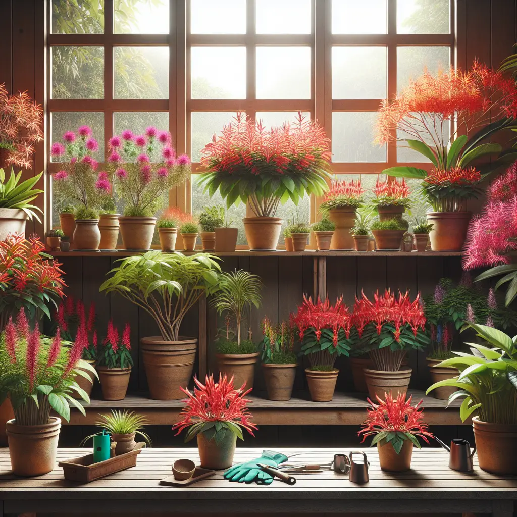 An aesthetically pleasing indoor garden scene with numerous Brazilian Fireworks plants in full bloom. The plants are potted in earthy-toned ceramic pots of varying sizes and shapes, sitting on wooden shelves that line a large window bathing the room in natural sunlight. The brilliant red and purple blooms of the Brazilian Fireworks plants form a striking contrast with the vibrant green of their leaves. In the foreground, a table displays a pair of gardening gloves, a small garden trowel, and a watering can. No text, people, brand names, or logos are present in the scene.