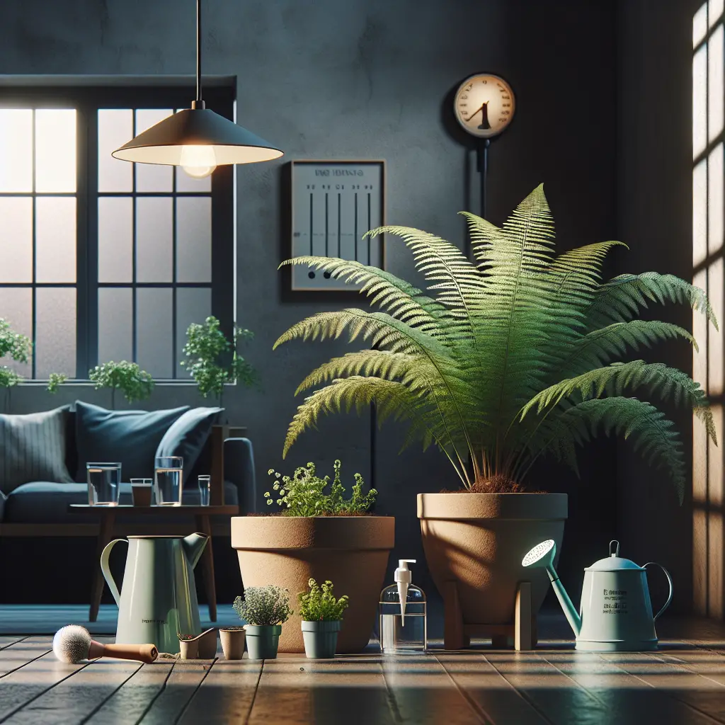Create an image capturing the essence of nurturing ferns under minimal light conditions. Show a pot with a lush, green fern situated indoors. Have the interior emulate a living room with shaded windows and dimmed lights. Include elements related to plant care like a misting bottle, a watering can without any brand markings, and a measuring light meter. The scene should evoke a serene, plant-loving environment. Note that there should be no people, text, brand names, or logos in this image.