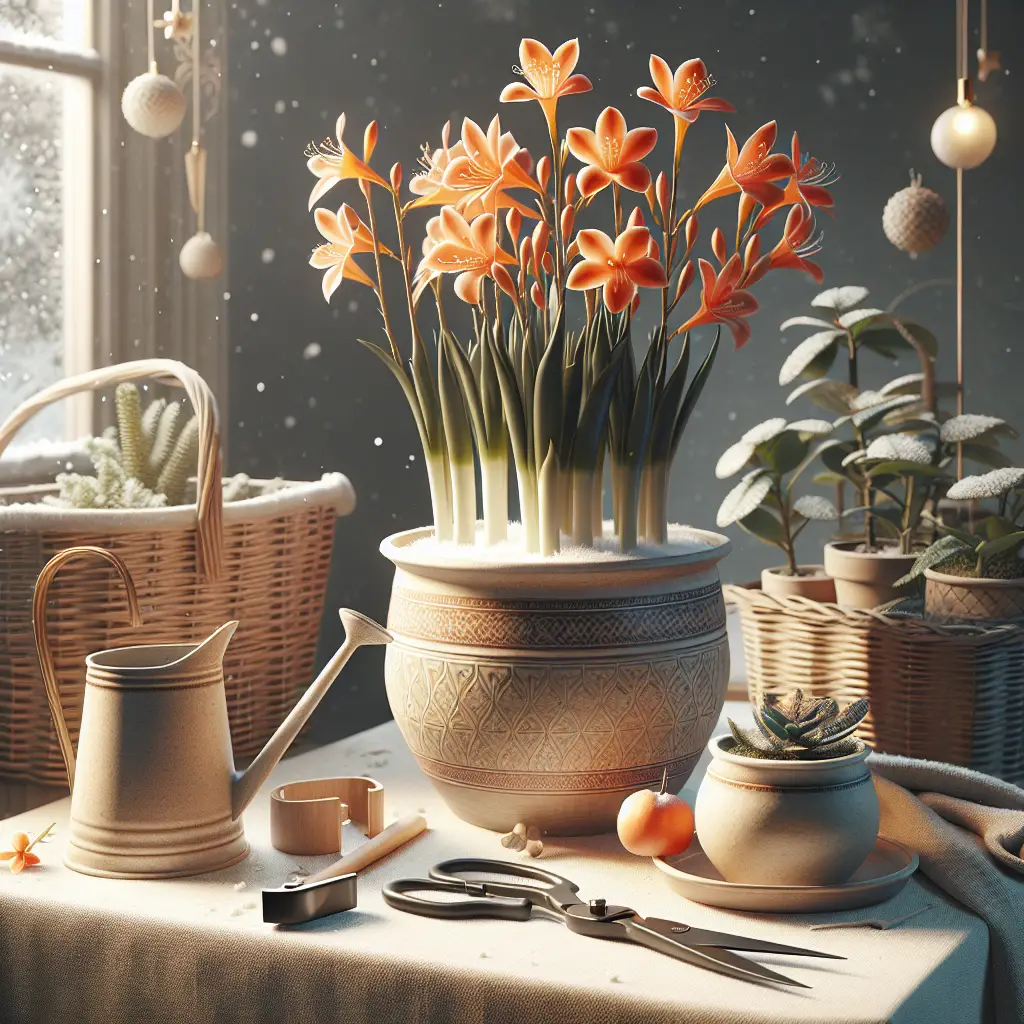 An image showcasing the process of nurturing an indoor Clivia Miniata plant. The plant should be placed in a tasteful, non-branded ceramic pot in a well-lit indoor environment. The plant is in full bloom, brightening up the winter scene with its vibrant orange flowers. The care tools, including a watering can and pruning shears, are set nearby. All items are free from text and brand names. The scene does not include any human figures, emphasizing the peaceful solitude of indoor gardening.