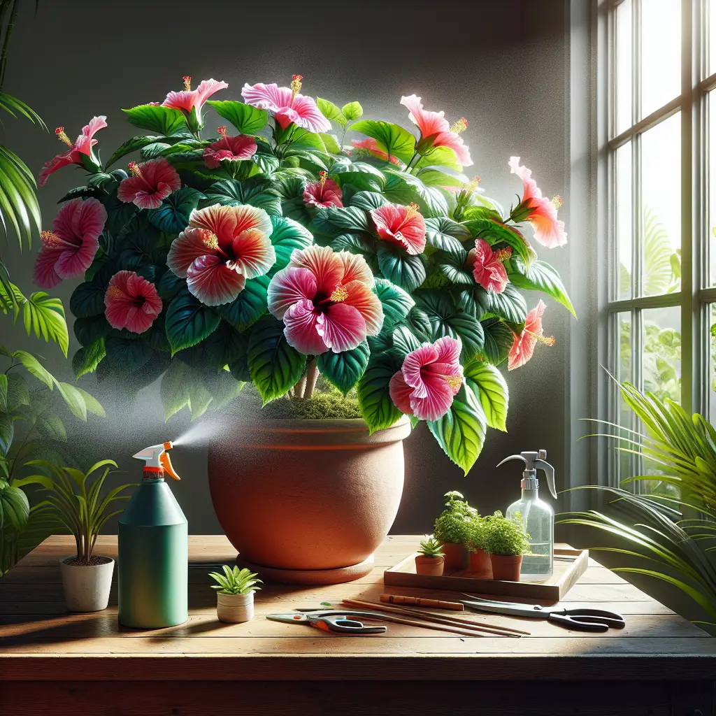 An indoor setting showcasing an exotic, vibrant Chinese Hibiscus plant in full bloom. The tropical flower, displaying its ruffled petals in hues of deep pink to red, sits in an unbranded terracotta pot, bathed in bright natural sunlight from a nearby window. While lush green leaves surround the blossoms, a gentle mist from a standard spray bottle maintains the plant's humidity. Also, there's a small watering can and a pair of pruning shears placed neatly on a wooden table beside the plant, ready for routine care tasks. No people, text, or brand names are included in this calming, verdant scene.