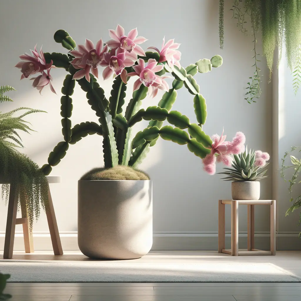 An indoor setting bathed in soft, natural light. The central focus is a flourishing Orchid Cactus (Epiphyllum), its sculptural shape emerging from a matte ceramic pot placed on a simple wooden stand. Lush pink blossoms contrast with the waxy, vibrant green, unusually shaped leaves of the cactus. It's surrounded by other indoor greenery, like ferns and trailing ivy, adding to the serene and botanical ambiance. The room has minimal, contemporary decor, with light colored walls and a hint of a large window letting in the light, but no people, brand names, logos, or any form of text present.