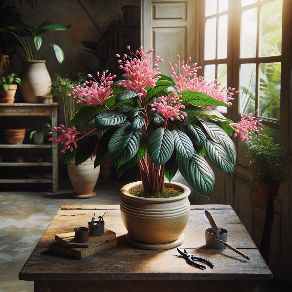 An indoor garden featuring a flourishing Medinilla Magnifica plant. The plant has vibrant pink flowers cascading from it's rich, green leaves which are housed in a neutral-toned ceramic pot. It's placed on top of a rustic wooden table. Sunlight is streaming through a nearby window illuminating the plant and the surrounding space which includes various other plants but no people. On the table next to the plant, there are elements of care like a small watering can and a pair of pruning shears, all with no brand names or logos.