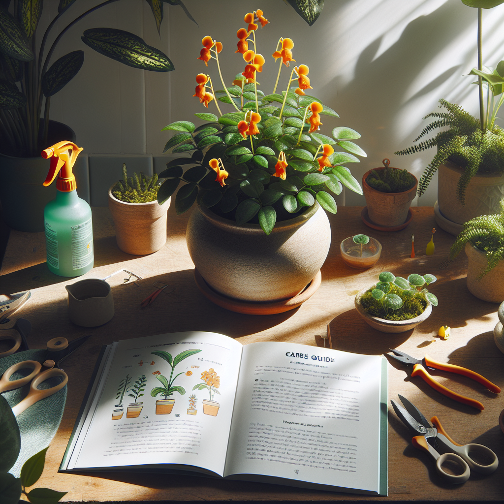 A lively indoor scene showcasing the care of a Goldfish Plant (Nematanthus). Sunlight filters through a nearby window illuminating the vibrant orange flowers of the plant. The plant sits in a neutral toned ceramic pot and is placed on a wooden table. The pot is surrounded by various plant care tools such as a small watering can, a set of mini pruners, and a spray bottle to maintain humidity. A care guide book laying open reveals hand-drawn diagrams and descriptions about plant care, specifically not showing any readable text, brand, or logos.