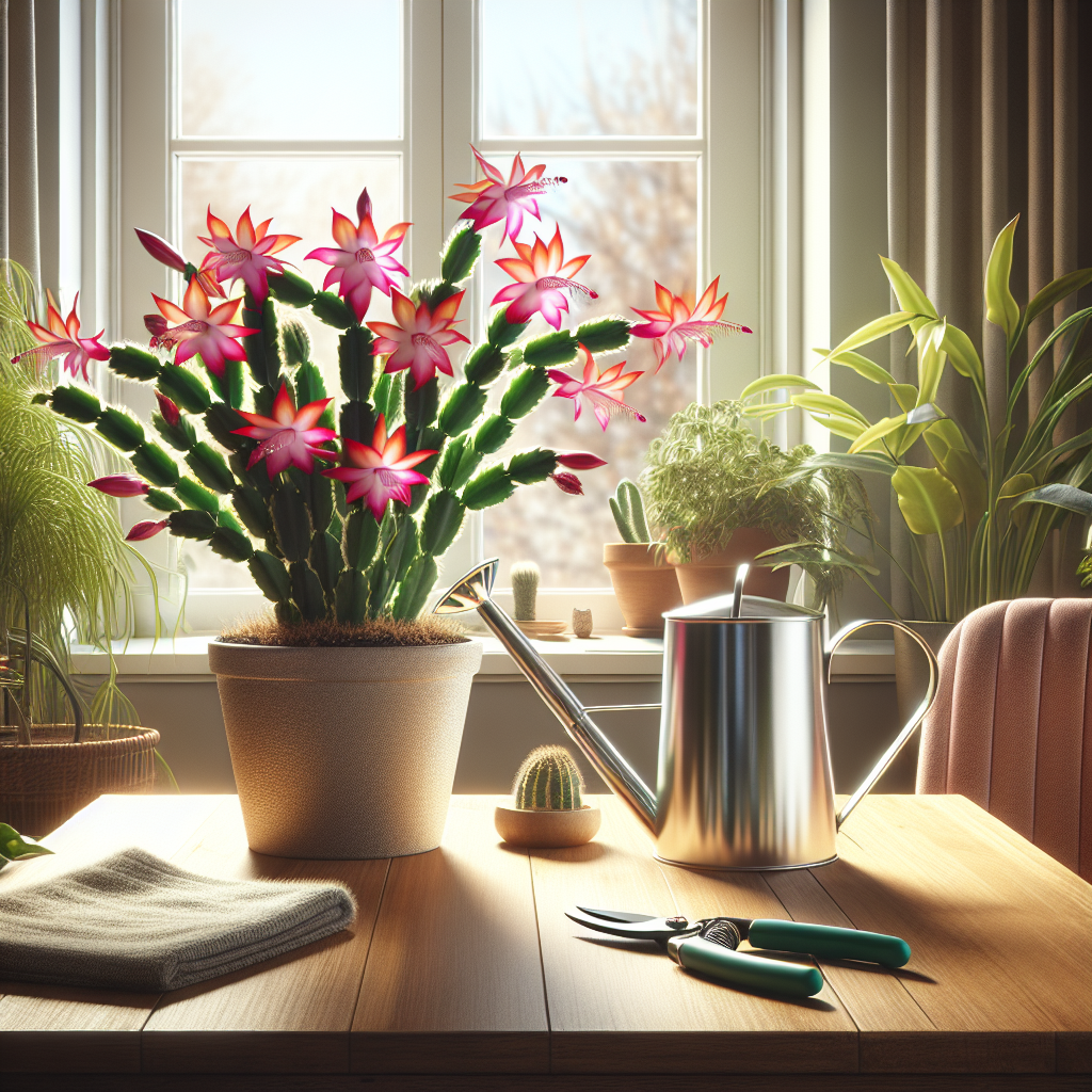 An indoor setting featuring a thriving Christmas Cactus with bright, bold colored flowers in full bloom. The plant rests on a wooden table, near a window, benefiting from indirect sunlight. A sleek watering can and a pair of gardening shears are placed close by, indicating care and maintenance. In the background, a soft-focused view of typical house plants fill the room with a sense of tranquillity and growth. No brand names, logos, text or human figures are present in this picture. A depiction of strategic plant care without using human interactions.