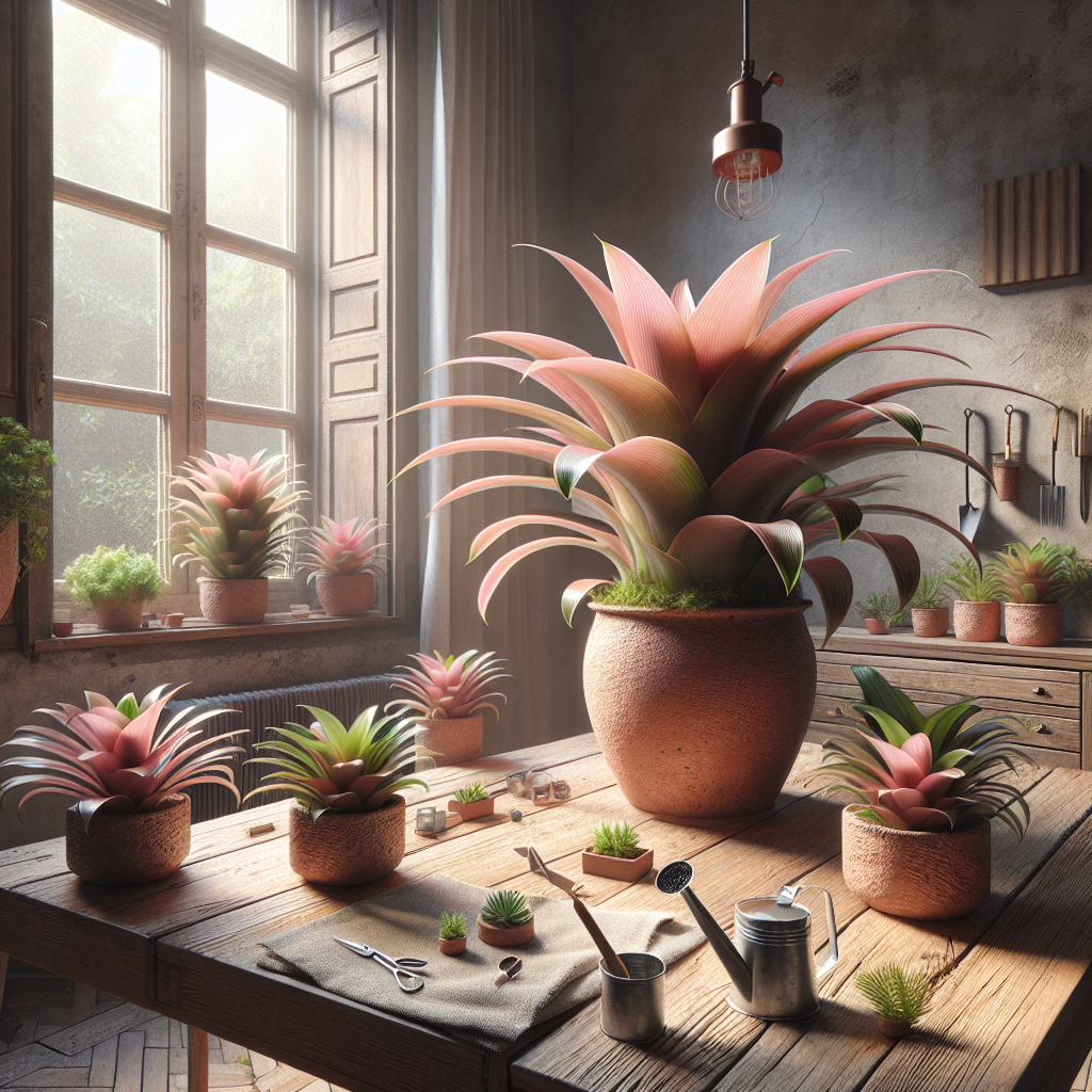 An image that visually narrates indoor cultivation of Bromeliad, more specifically, Neoregelia. There are no people around. The space is characterized by glossy leaves flourishing under warm indoor lighting. The plant's unique blush hue adds a pop of color contrasting with the austere and minimalistic background of the interior. Here, you can see a terracotta pot placed on a wooden table providing a foothold to this exquisite plant. Strewn beside it is a watering can and small gardening toolkit, indicating recent care and attention. An open window can be spotted in the backdrop, inviting soft morning sunlight into the space. There are no logos or brand names visible anywhere in the scene.