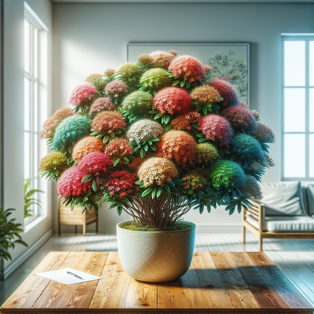 A detailed and vivid depiction of a healthy Ixora Plant thriving indoors. Focus on its spectrum of vibrant colors as the lush blooms cover its branches. The plant is situated in a tasteful, yet simple, ceramic container that bears no markings or brands. Around it, the room exudes a sense of serenity and tranquility, with an abundance of natural light saturating through a nearby window. The clean, wooden tabletop that it sits upon reflects the light endearingly onto the plant. However, the room and tabletop are devoid of any indications of human presence—no figures, not even a hand or arm.