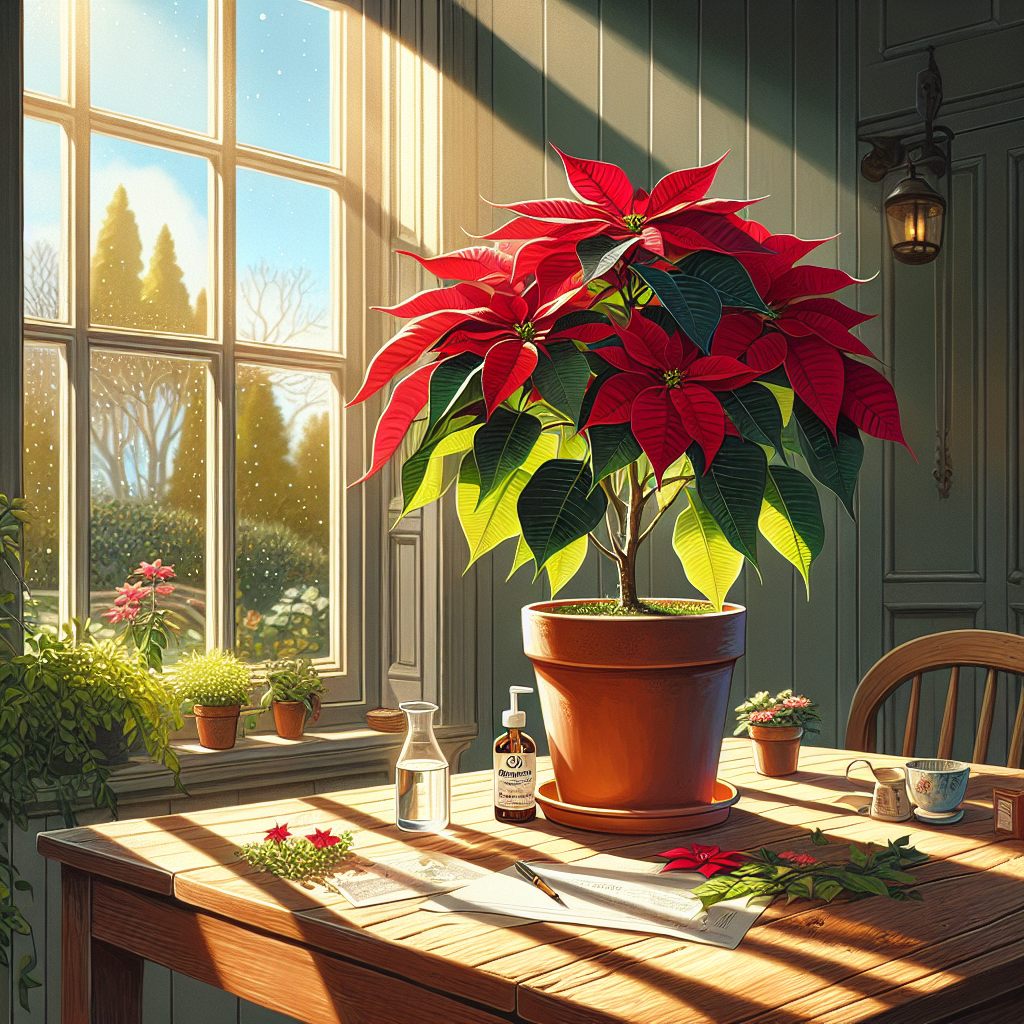 Illustrate an indoor setting which captures the essence of nurturing a Poinsettia beyond the holiday season. The image should prominently feature a healthy, vibrant poinsettia plant with its rich, red leaves in a terracotta pot placed prominently on a wooden table. The background should portray a well-lit, serene indoor environment with a large window allowing sunlight to filter in and dapples of sun falling on the plant. Important nurturing elements like a small watering can and a bottle of organic plant nutrition should be subtly placed in the scene. There should be no people, text, brand names, or logos in the illustration.