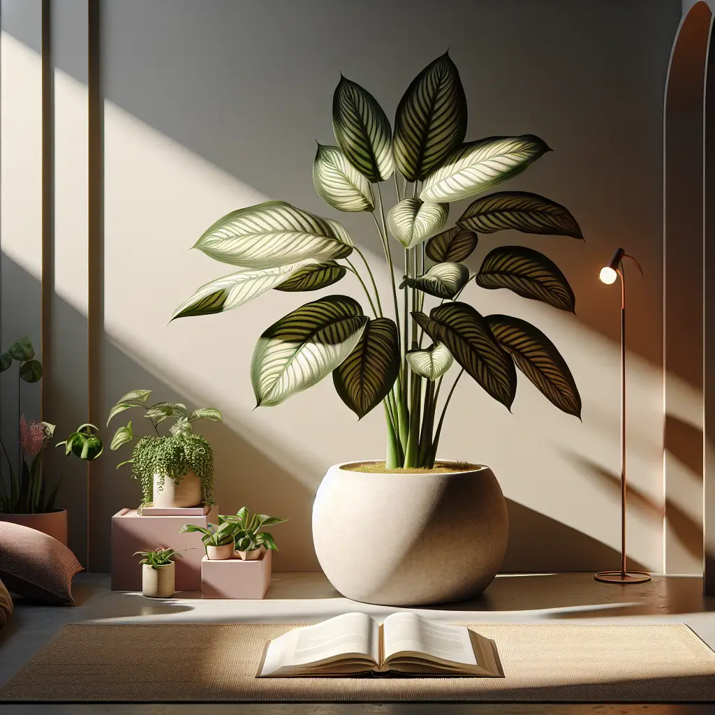 A tranquil depiction of an indoor landscape showcasing a lush Calathea plant thriving in a low light room. Careful lighting illuminates the plant's striking patterned leaves; the veining and unique color variegation are further emphasized by the shadows. The room is tastefully designed, soft colors, minimalistic decor, and an appealing balance between nature and comfort. Adjacent to the Calathea, a book on horticulture lies opened - no visible text - symbolising the need for knowledge in plant care. No brand names, logos, or people appear in the scene. The atmosphere conveys a sense of peaceful solitude and the rewarding nature of indoor gardening.