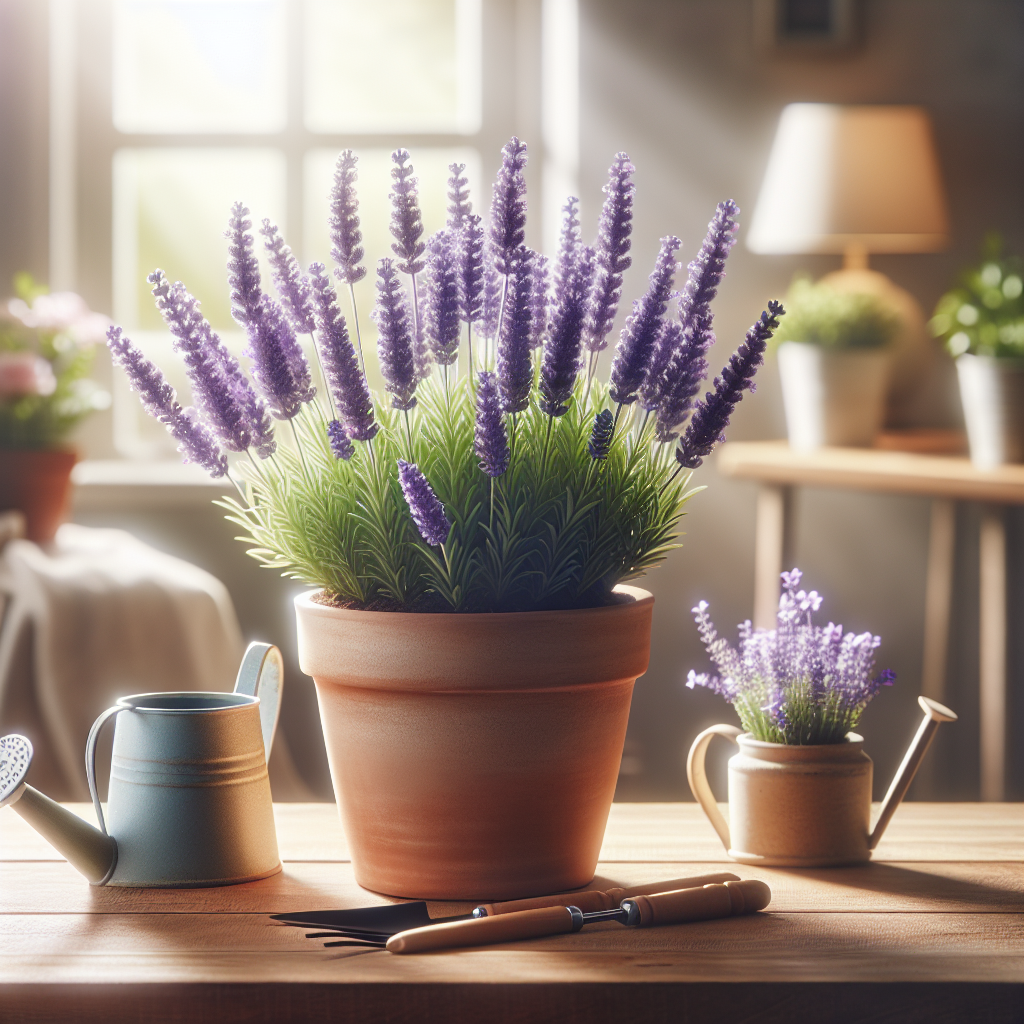 A serene indoor scene showcasing a vivid purple lavender plant flourishing in a generic unbranded terracotta pot. The setup is bathed in soft natural light pouring in from a nearby window. The plant's delicate blossoms are abundant, and a soft blur in the background suggests a home environment. Nearby, a pair of gardening gloves and a small, generic watering can rest on a wooden surface, indicating recent care. The atmosphere conveys tranquility, relaxation, and a sense of nurturing, perfectly embodying the theme of growing and caring for indoor lavender.
