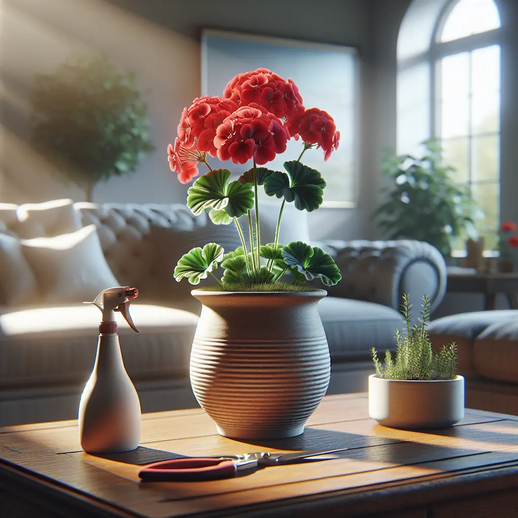 The image presents a welcoming and nurturing indoor environment. At the center of it all is a beautifully blooming geranium, its red flowers vibrant and full of life. The geranium is housed in a simple, non-branded, ceramic pot that matches the serene atmosphere of the room. The room is sunlit, hinting at a careful balance between sunlight exposure and shading. On a table nearby, there's a spray bottle with with an adjustable nozzle and a pair of clean, sharp pruning shears, implying that adequate watering and timely pruning are keys to the geranium's continuous blooming. No people or brand names are present in this scene.