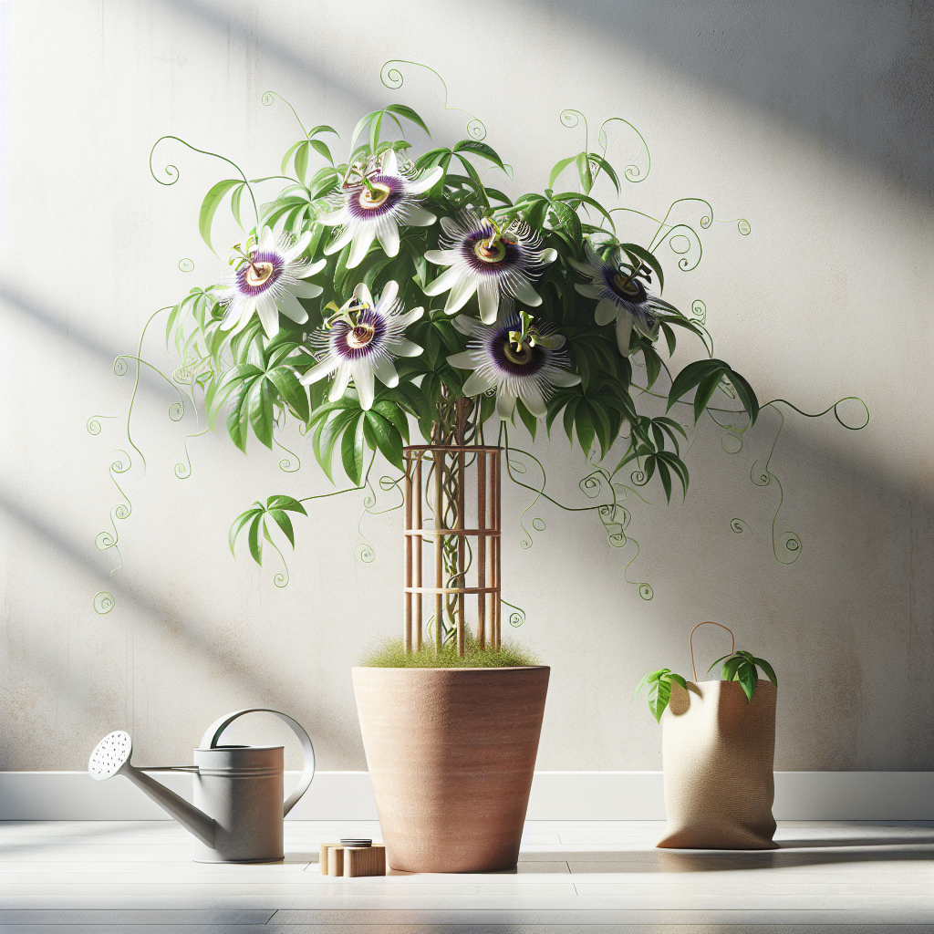Compose an image showcasing a thriving indoor Passion Flower plant. The exotic plant should be the highlight, lush with vibrant purple and white flowers, tendrils curling around a wooden support placed elegantly in a simple terracotta pot. Depict it against a backdrop of a minimalist room setting devoid of any logos or branding, or people. A nearby watering can and a bag of fertilizer should hint at the care involved, both items should also be free of text or brand names. Light from a nearby window should indicate the importance of natural light.