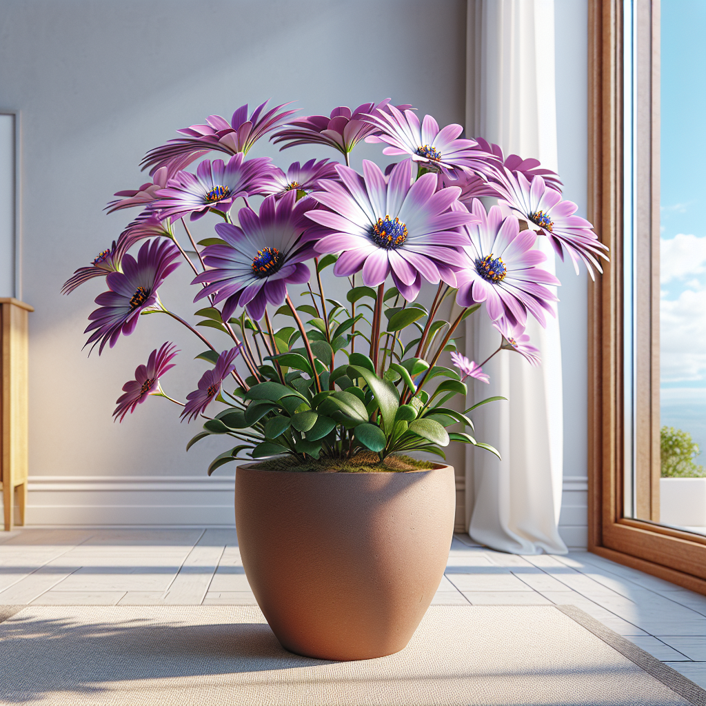 A detailed, close-up image of an African Daisy (Osteospermum), thriving indoors. The plant graces the center of the scene with vibrant purple petals spreading out, showcasing beautiful yellow pollen. The plant is potted in a terra cotta pot. The setting is a room with ample sunlight pouring in through a window that reveals a picturesque, cloudless sky outside. The neutral color walls enhance the vivacious color of the daisy. There are no people, brand names, logos or text in the image.