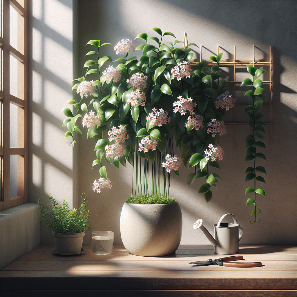 An indoor setting with a lush Wax Plant (Hoya) flourishing in a sunlit corner, its trailing leaves climbing up a wooden trellis. Its sweet-scented flowers, a beautiful combination of white and pink, are in full bloom, spreading a pleasant aroma all around. The plant rests in a neutral-colored ceramic pot, accompanied by a small watering can and pruning shears on the side, illustrating the nurturing process necessary for the plant's health. No text, brand names, or people are present in this serene and inviting scene.