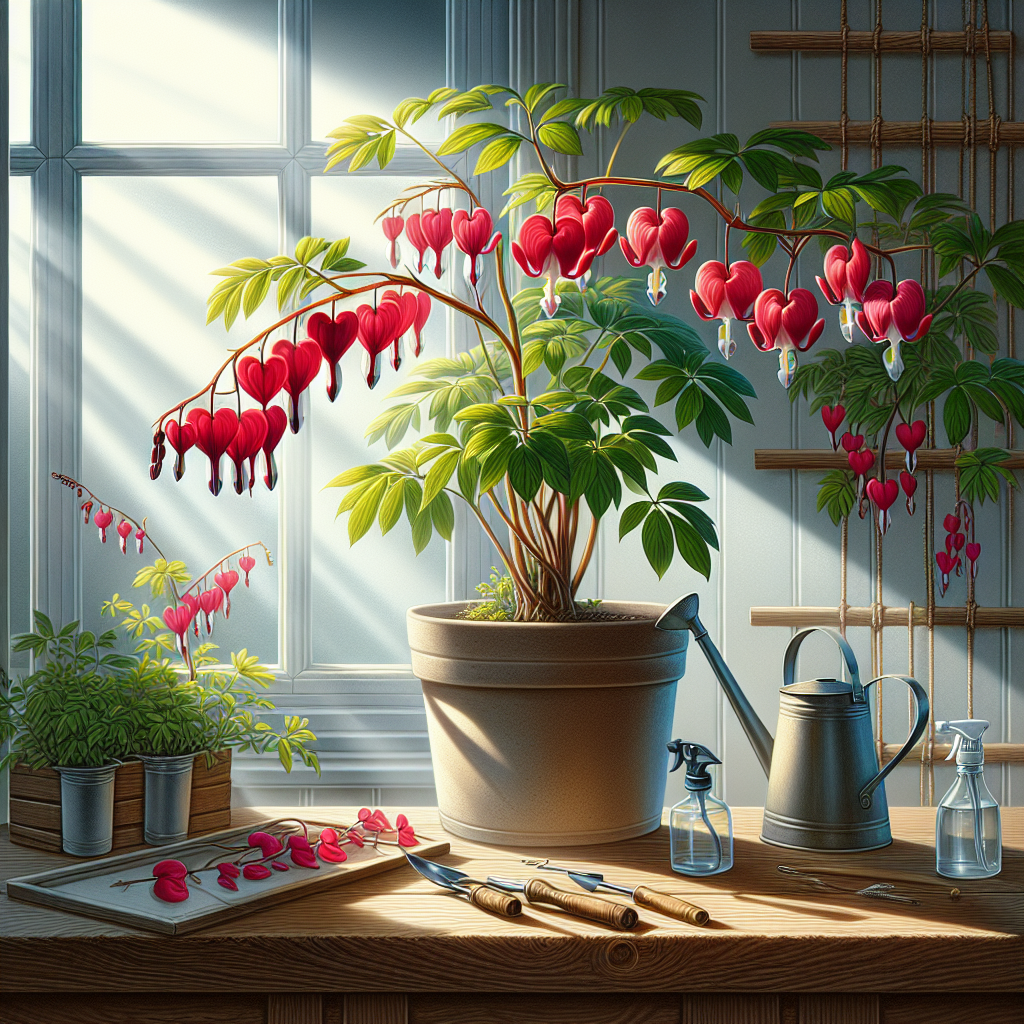 A detailed illustration of an indoor scene where a bleeding heart vine is thriving with bright, heart-shaped and vibrant red flowers. The vine is growing from a simple, unbranded ceramic pot placed near a window with the sunbeam passing through it, illuminating the plant. String trellises support the vine, leading its green foliage and striking blooms in a splendid vertical display. Alongside, there are basic gardening tools such as a watering can, spray bottle, and small trowel laid on a wooden table, ready for nurturing the plant. No people or brand names are visible in the image.
