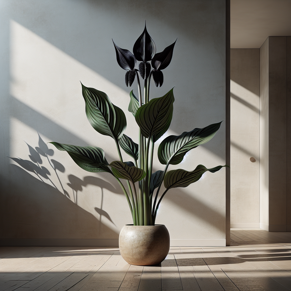 A detailed close-up image of a thriving Bat Flower (Tacca chantrieri) growing indoors. The plant has striking black flowers that resemble the wings and face of a bat. The backdrop features a simple, light-colored wall, maintaining the focus on the plant. The Bat Flower is nestled in a nondescript clay pot, showing its dark green leaves. Shadows and natural indoor lighting emphasize the unusual geometry and texture of the plant. The room is devoid of people, maintaining a calm and serene atmosphere. There are no brand names, logos, or text visible anywhere in the scene.