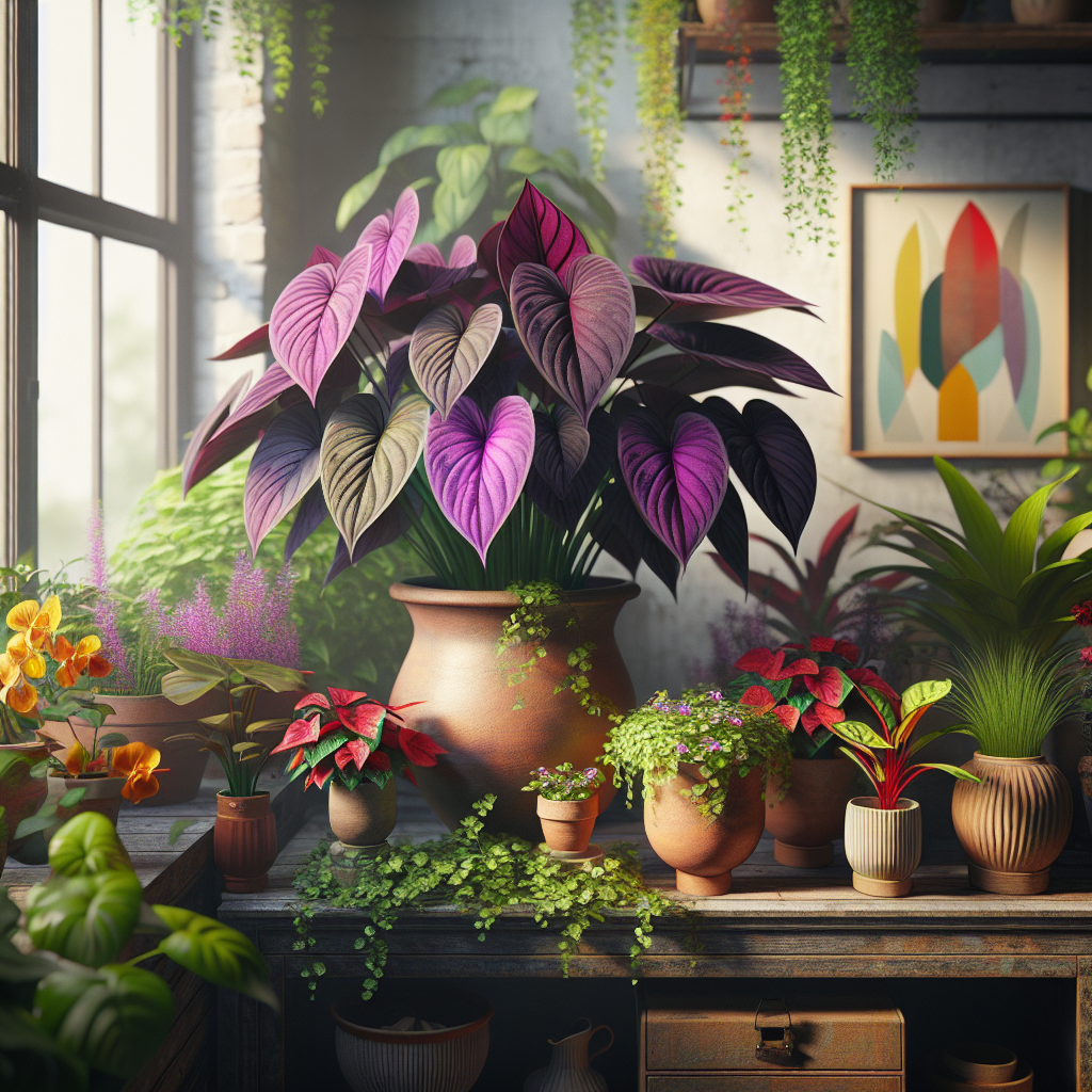 A scene of a lively indoor environment. In the centre, a vibrant Purple Heart plant, with lush plum-colored triangular leaves, grows in a terracotta pot alongside flourishing flowers in vivid red and yellow hues. The pot is perched on a rustic wooden shelf filled with a variety of leafy indoor plants in different shapes and sizes. Soft, natural sunlight streams in through a large glass window, showcasing the vibrant colors and textures of the plants, lending the scene an invigorating and refreshing feel. Carefully chosen decor elements like minimalist ceramic art and glass vases add a touch of elegance to the scene.