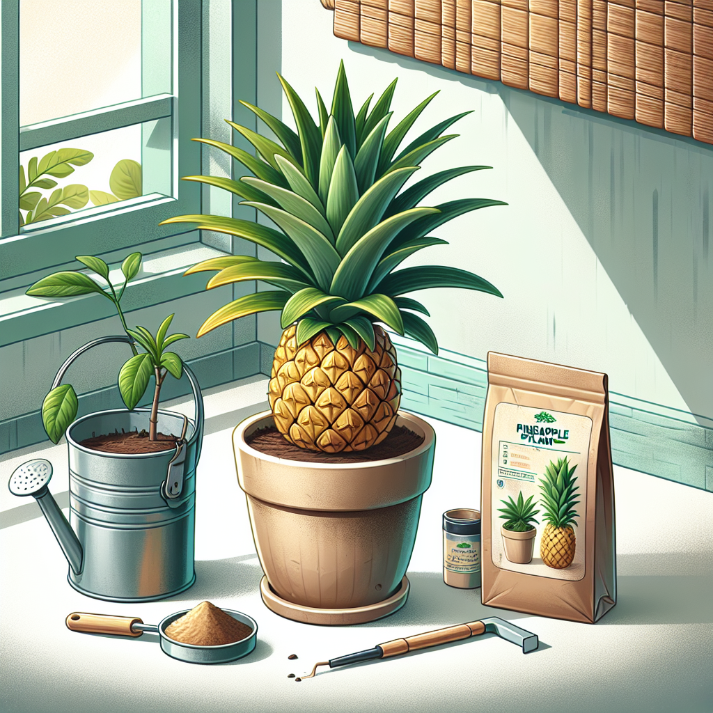 Illustration of a bright, thriving pineapple plant in an indoor setting. The plant has healthy green leaves, and a small pineapple fruit is developing in the center. It is placed in a neutral-tone ceramic pot, ideally furnished with well-drained soil. Around the pot, there are various tools for indoor gardening, such as a small, metallic watering can and a packet of soil mix, bearing no brand names or logos. The room has a tropical aesthetic, with bamboo window shades allowing dappled sunlight to highlight the plant. The setting and elements signify effective indoor pineapple plant care.