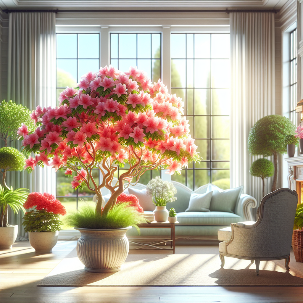 A lavish indoor garden scene with an emphasis on a flourishing Azalea plant, a type of shrub known for its vibrant flowers. The Azalea should be vivid in color, symbolically radiating brightness. There should not be any humans or brands visible in the scene. The surrounding indoor setting should complement the Azalea, perhaps with other domestic potted plants or a tastefully decorated indoor space with furniture and windows allow gentle sunlight to filter in. No text, brand names, or logos should be visible in the image.