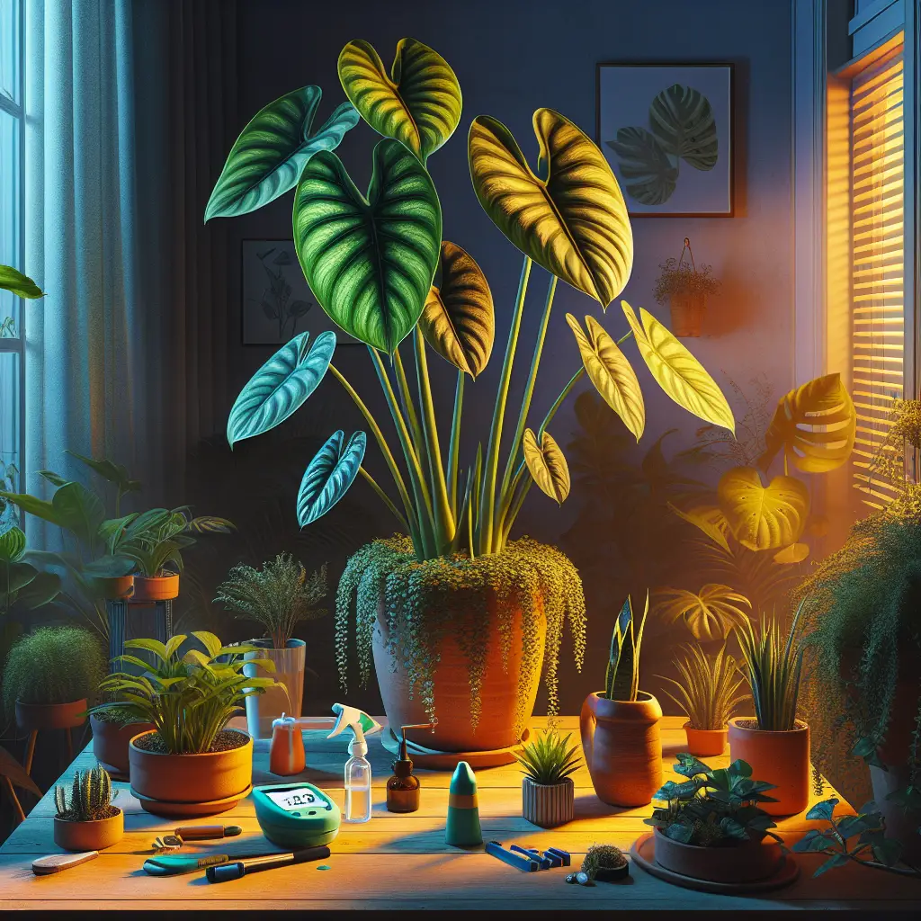 An image showcasing the right way to care for Alocasia (Elephant Ear) plants in dim light environments. Vivid depiction of an ambient room with low lighting, showcasing a healthy, thriving Alocasia plant as the focal point. On a table nearby, there are various plant-care tools, such as a moisture meter, a small watering can, and a spray bottle, all devoid of brand-name details. Around the room, there's an arrangement of different indoor plants that do well within low light, offering a scene that exudes eco-friendliness and botanic diversity. Remember the request to avoid any human figures and any brand names, logos, or text in the image.