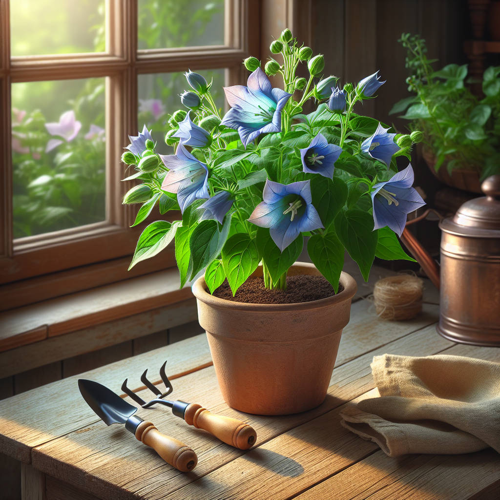 An image featuring delicate charm exuded by an indoor bellflower. This bellflower is thriving in a terracotta pot placed near a sunlit window. The leaves are a lush green and the flowers a radiant blue demonstrated with detailed focus on its petals. There's personal touch with gardening tools set neatly beside it. All set up on an idyllic country style wooden table, providing a pleasing aesthetic. None of the elements in the image bear any text, brand names or logos.