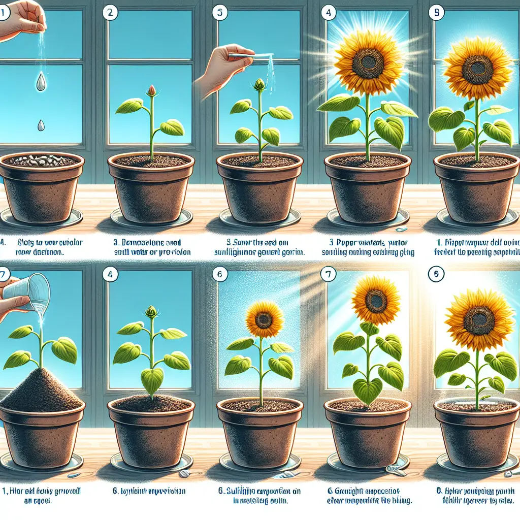 Create a step-by-step, visual guide on how to grow and care for an indoor sunflower. The image should clearly depict each step, starting with a small seed on fertile soil in a pot. Demonstrations of proper water provision, sunlight exposure and general maintenance should be included. Make sure to show the flower's progression from a seed to a blooming sunflower. The entire process takes place indoors, hint towards the indoor setting by showing a window with sun shining through but avoid depicting any humans in the scene. Ensure no text, brand names, or logos appear in the image.