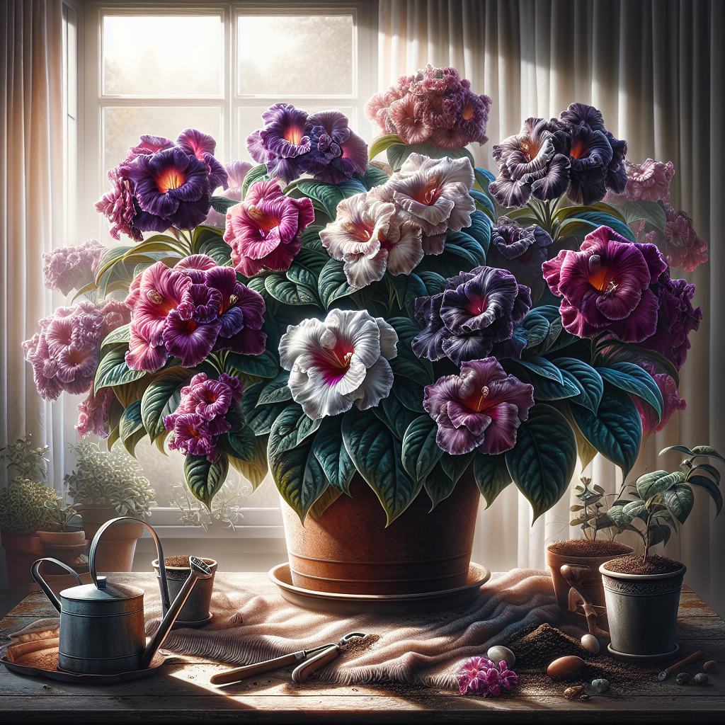 An ornamental scene representing a well-cared for gloxinia plant in an indoor setting. The plant seems to be thriving with its vibrant, velvety blooms in a mixture of rich purples, pinks, and whites. The flowers are broad and conspicuous, making the plant a focal point of the scene. The setting is tranquil, filled with sunlight coming from a hidden window. Indoor houseplant paraphernalia such as a watering can, potting soil, and a trowel are tastefully arranged near the plant. The image contains no text, people, brand names, or logos.