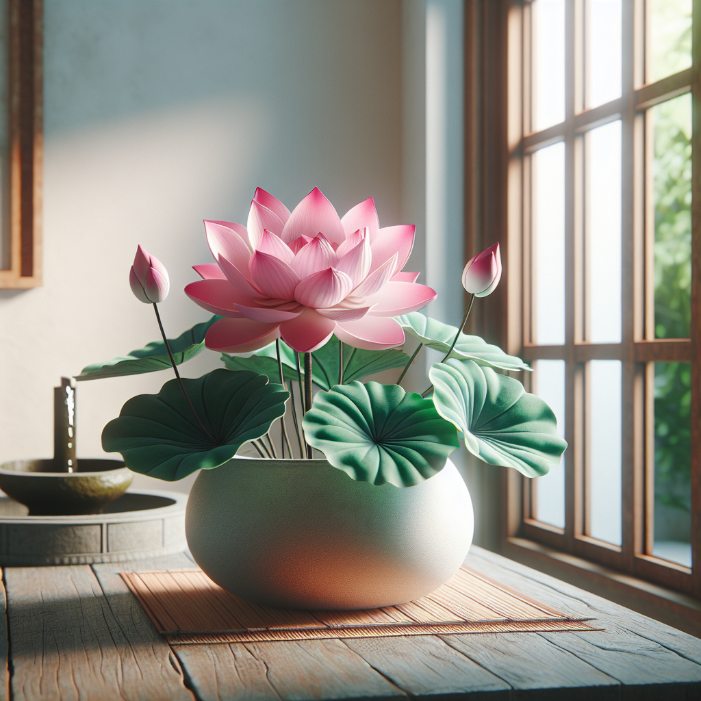 A tranquil scene focusing on an indoor lotus plant. Its stunning pink flowers are in full bloom with the mesmerizing petals contrasting with the glossy, round green leaves. The plant is situated in a simple, unbranded ceramic pot nestled on a rustic wooden table beside a clear window, allowing a stream of sunlight to enhance the beauty of the bloom. The room is minimalist in style; light-colored walls, a bamboo mat on the floor, and a Zen-inspired water fountain near the table, subtly contributing to the serene atmosphere.