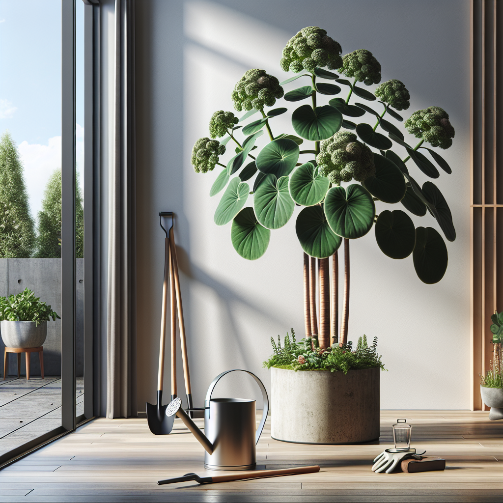 Depict an indoor garden scene where a piggyback plant is in the centre, showcasing its lush green leaves and unique blooms. This plant is placed on a contemporary wooden stand by a floor-to-ceiling window for maximum sunlight exposure. Accessories such as a modern watering can and gardening gloves are nearby, but make sure no brands or text are present. The room is modern and minimalistic with a mix of natural wood and concrete elements, and the plant is the unique focus. Make sure that there are no humans or any other figures present in the scene.