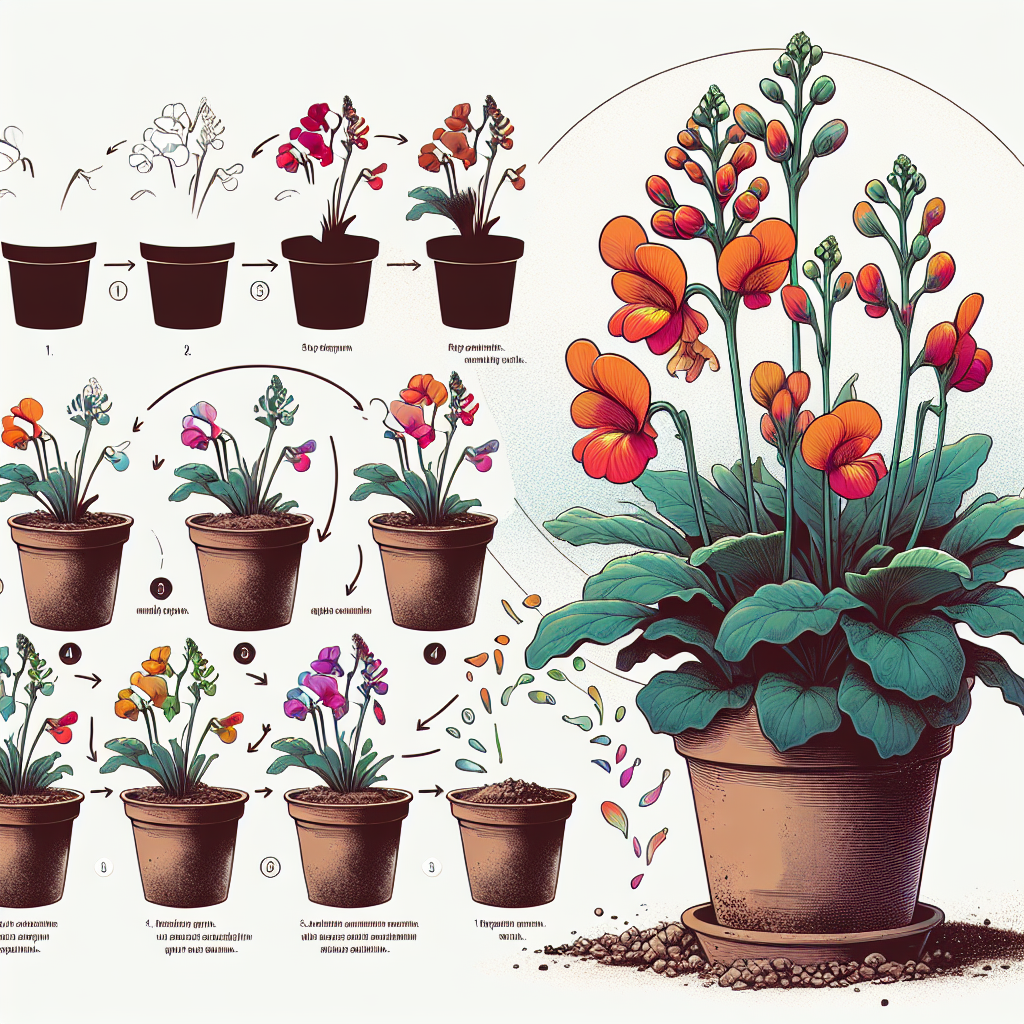 Illustrate a step-by-step guide to cultivating a pocketbook plant indoors. Begin with a vibrant image of a pocketbook plant with its unique shaped flowers in multi-colors against a minimalist white background. Then, depict the early stages of planting pocketbook plant seeds in a terra-cotta pot with fresh potting soil. Progress to showing the plant growth over time, illustrated by a series of images depicting the phases. Also, demonstrate the ideal conditions for the plant's growth, such as a bright, indirect sunlight and a humid environment. Please omit any signs of people, brands, text, and logos.