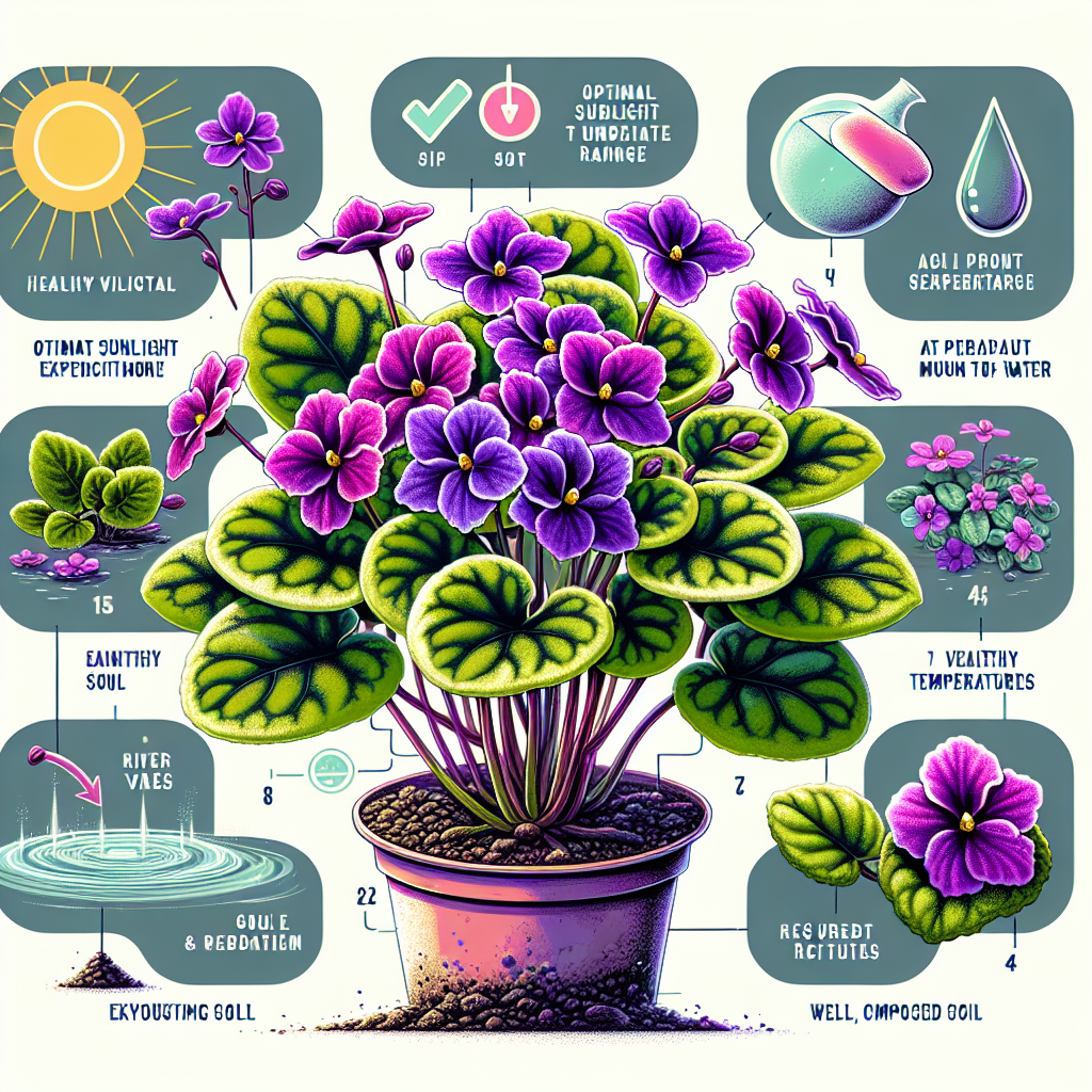 A detailed and bright illustration of the indoor care of a Flame Violet plant. The image should divide into various sections, each depicting a different care tip for healthy, vibrant blooms. One section should illustrate optimal sunlight exposure, another evaluating the proper amount of water, and yet another representing the ideal temperature range. Additionally, show a well-composted soil. Also, possibly include a small section that depicts signs of healthy growth like its vibrant purple flowers. The image should not contain any human or brand names, and ensure it doesn't contain any written text.