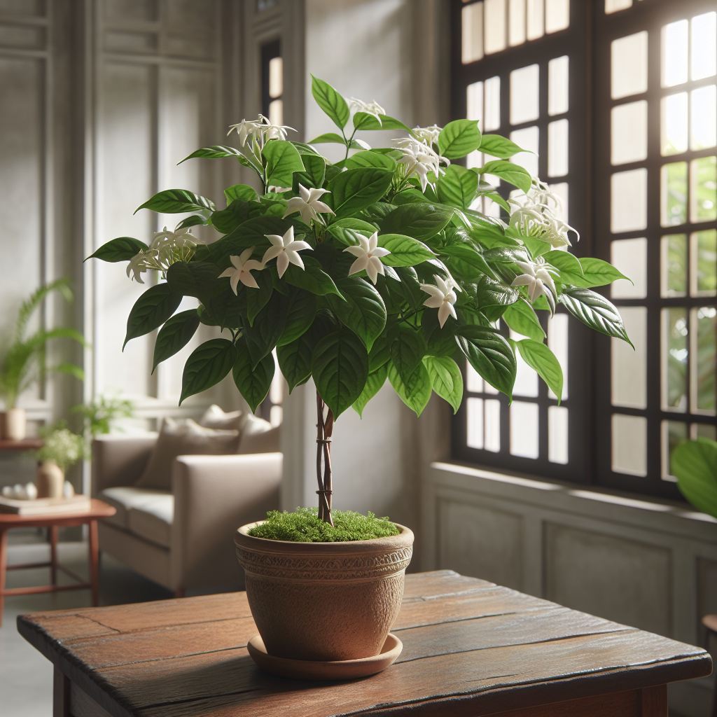 A gorgeous star jasmine plant thriving indoors. It has glossy green leaves, in a beautiful contrast with its crisp white intricately patterned flowers. The plant grows from a beautiful terracotta pot with well-aerated soil, placed on a rustic wooden table by a tall window, allowing natural sunlight to filter through. The room has minimalist aesthetic with neutral-toned furniture and light-colored walls. No people, text or brand logos are anywhere in the scene, focusing solely on the beautiful plant and its charming ambiance.