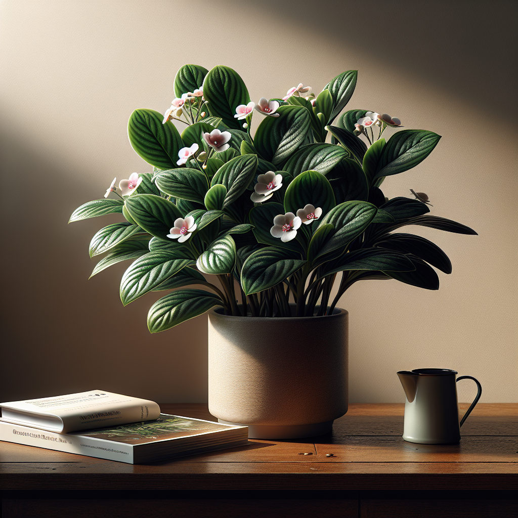 A detailed close-up image of an indoor Cupid's Bow plant, showcasing its vibrant green leaves and delicate white flowers with pink centers. The plant is situated in a plain, neutral-toned pot, placed on a wooden table against a plain wall. The sunlight gently filtering in from an off-camera window highlights the rich textures and colors of the plant, setting a romantic and cozy atmosphere. Nearby, a book about plant care and a small watering can sit, symbolizing the care needed for this plant. No people, text or brand logos are present in the image.