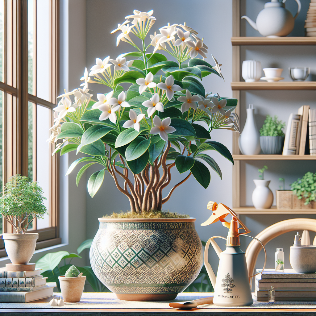 A detailed representation of indoor plant care featuring a Stephanotis plant. The plant has fragrant flowers and is placed within a bright, domestic setting. The plant is enshrined in a beautifully patterned plant pot, sitting on a table by a large window that lets in lots of daylight. Next to the pot, show a small, non-branded watering can and sprayer for misting. The background comprises indoor decoration items such as wooden shelves with books and vases. Do not include people or brand logos in the scene.