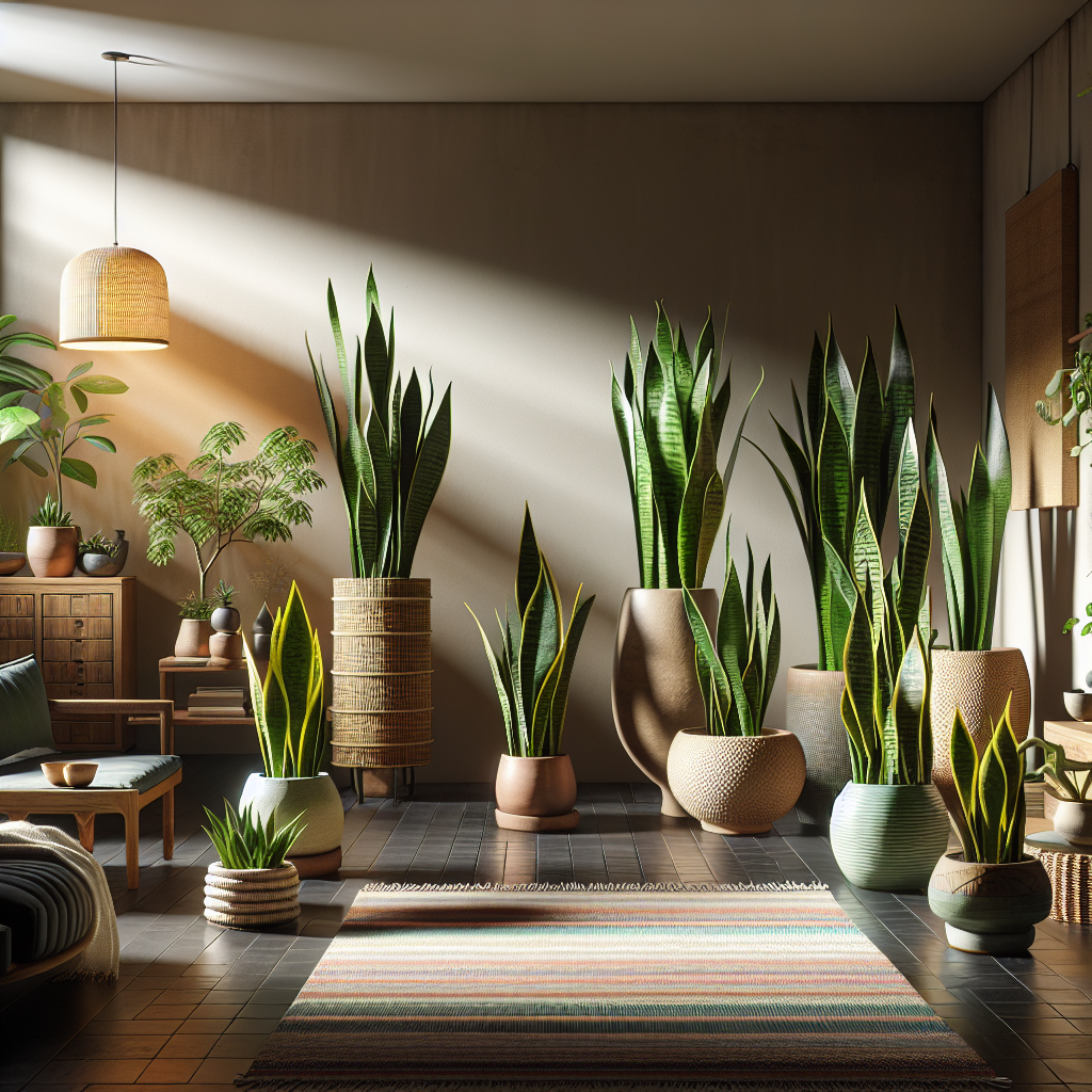 An image showcasing a serene indoor setting with multiple snake plants. The snake plants are vibrant, arranged in various sizes and styled plant pots. The room is dim, suggesting a low-light environment. The room carries a zen-like ambiance with minimalist furniture, woven rugs, wooden elements, and a corner lamp with soft light, highlighting the beauty of the snake plants. The atmosphere is quiet, emphasizing the absence of people and contributing to the focus on the care and thriving of the snake plants in such a setting. There are no text, brand names or logos visible anywhere within the frame.